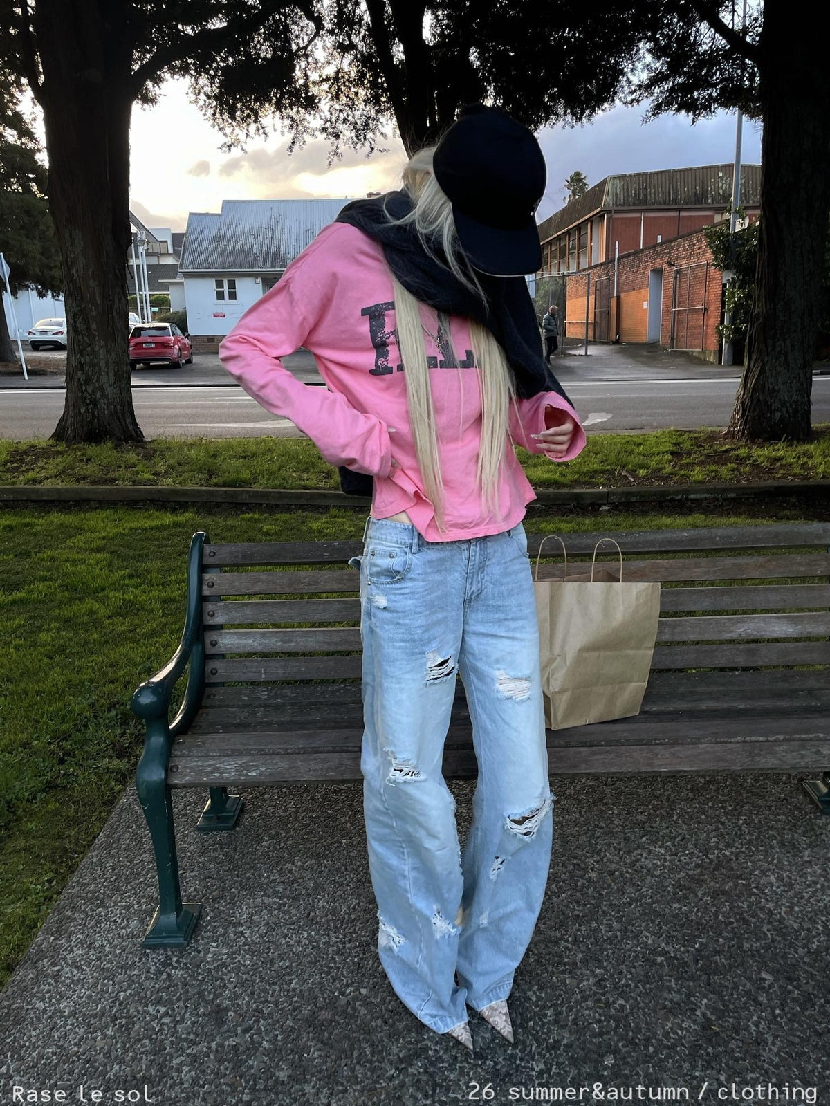 Rase le sol Ice Blue Washed Low Rise Loose Wide Leg Cotton Women's Ripped Jeans