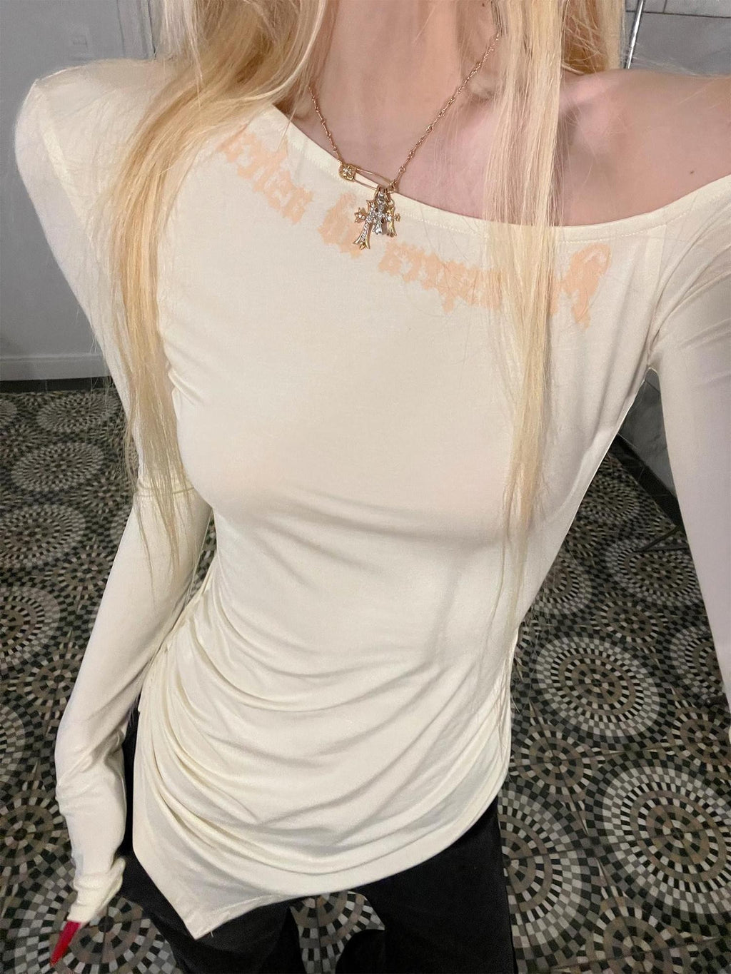 Rase le sol Irregular Hem Asymmetric Shoulder Slim Fit Women's Long Sleeve T-shirts