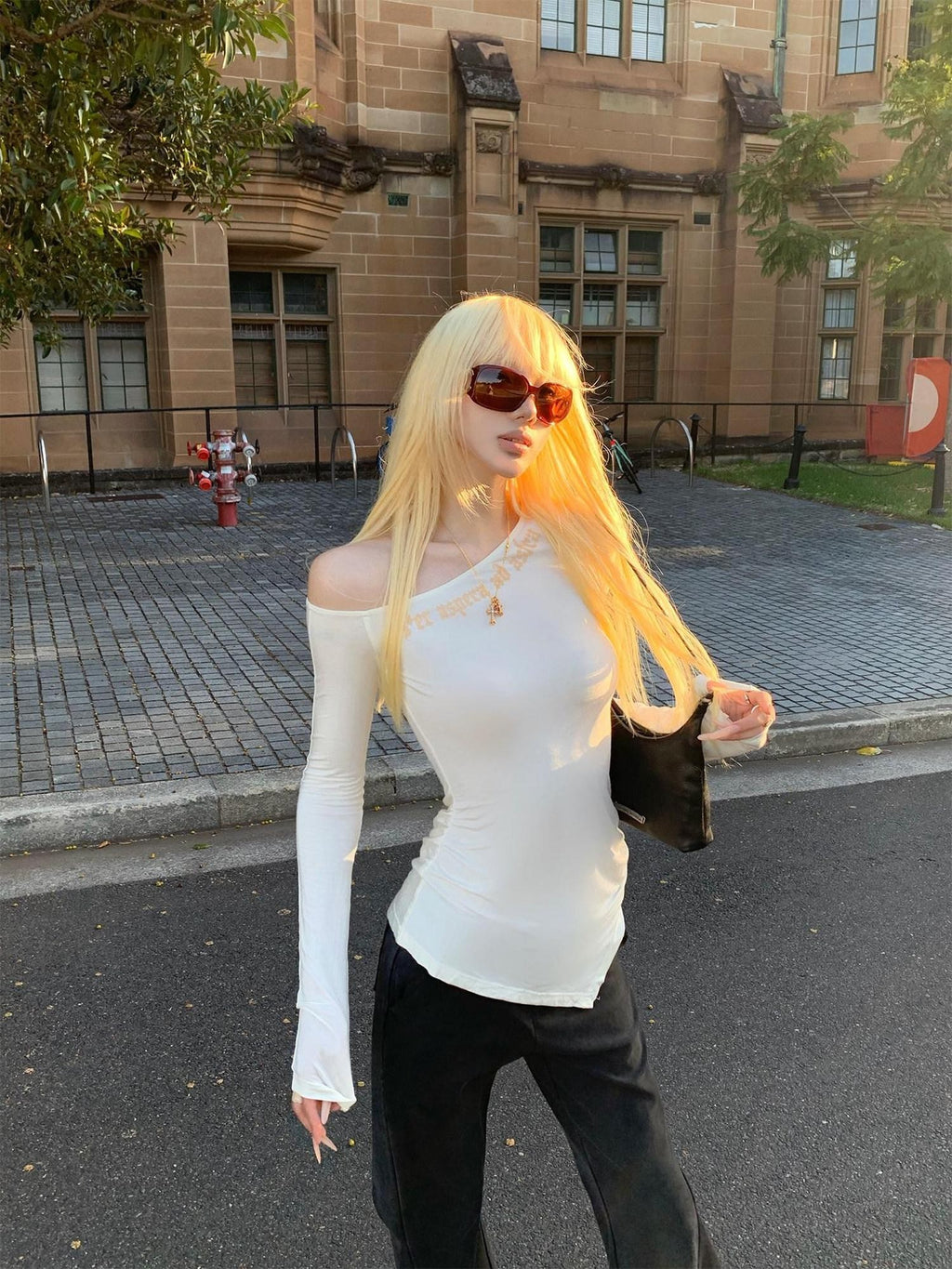 Rase le sol Irregular Hem Asymmetric Shoulder Slim Fit Women's Long Sleeve T-shirts