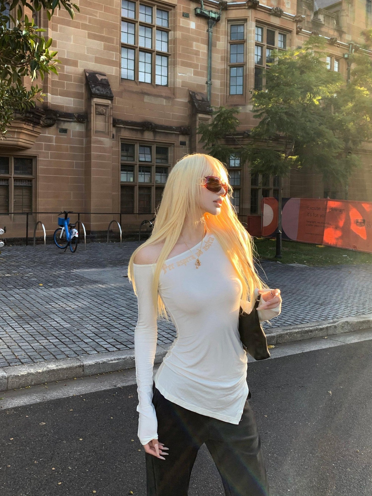Rase le sol Irregular Hem Asymmetric Shoulder Slim Fit Women's Long Sleeve T-shirts