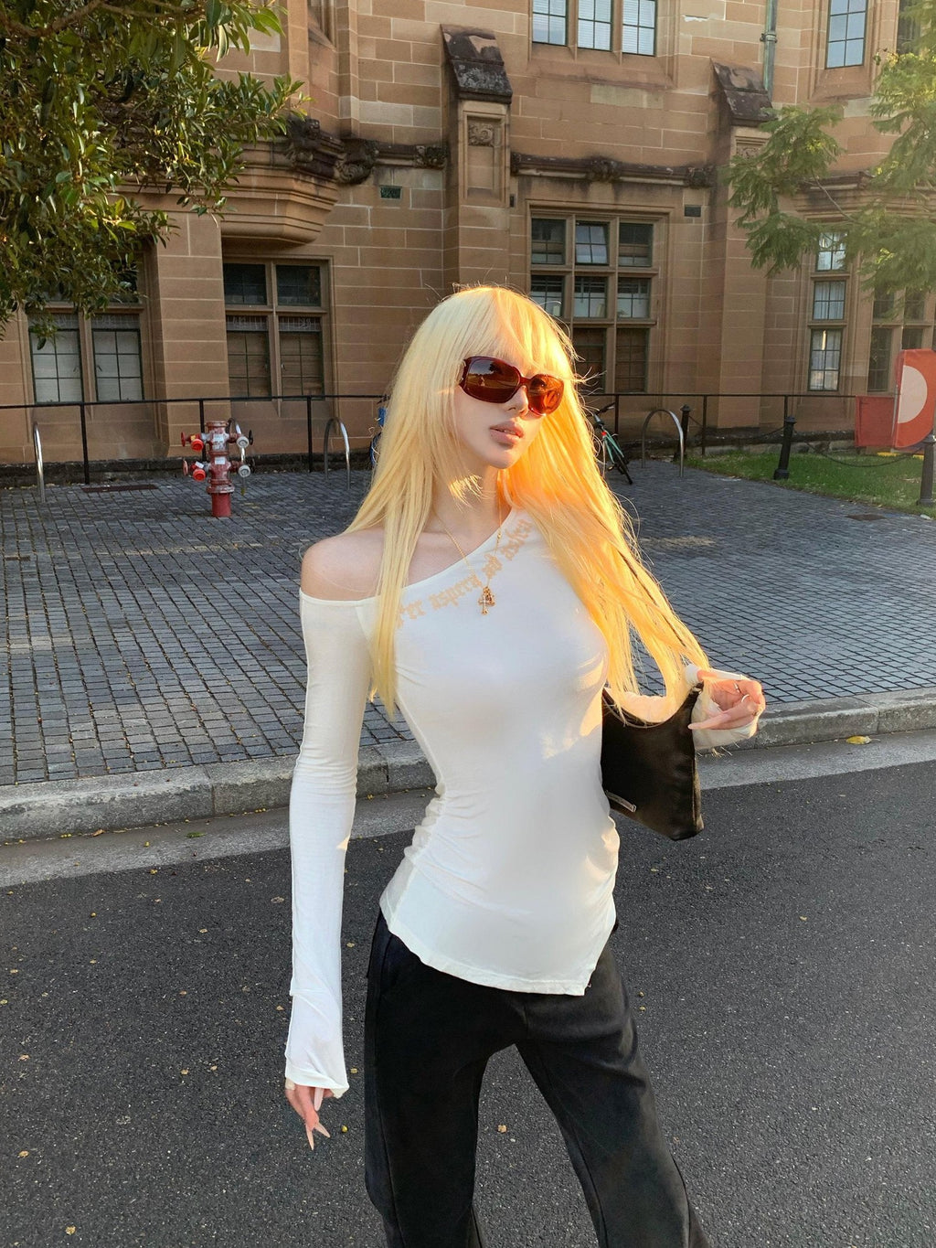 Rase le sol Irregular Hem Asymmetric Shoulder Slim Fit Women's Long Sleeve T-shirts
