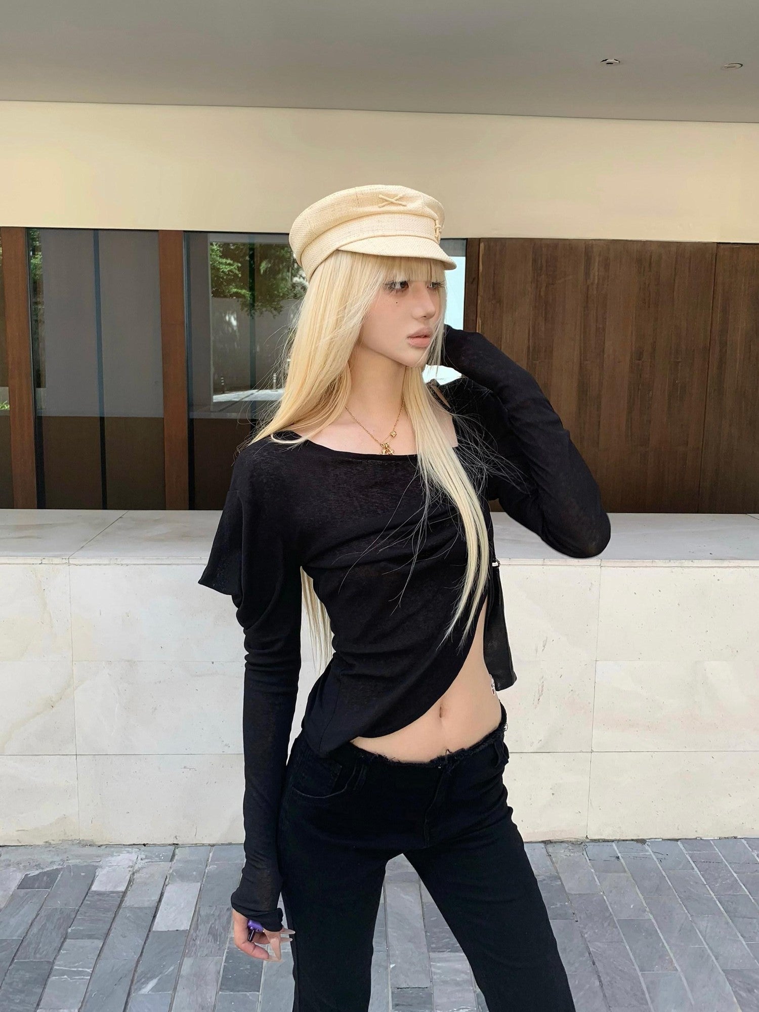 Rase le sol Irregular Sleeve Asymmetrical Slim Cropped Women's Long Sleeve T-shirts