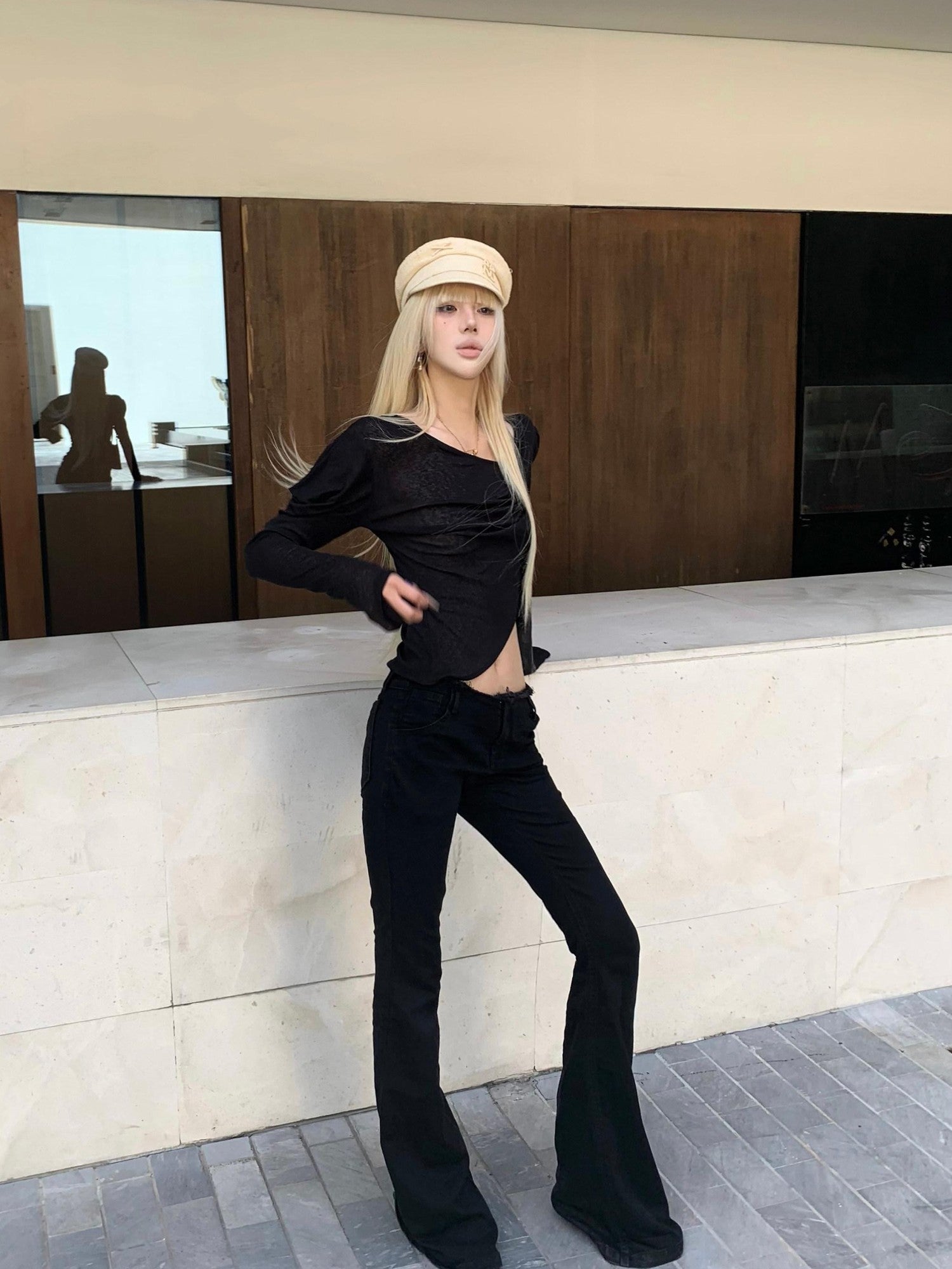 Rase le sol Irregular Sleeve Asymmetrical Slim Cropped Women's Long Sleeve T-shirts
