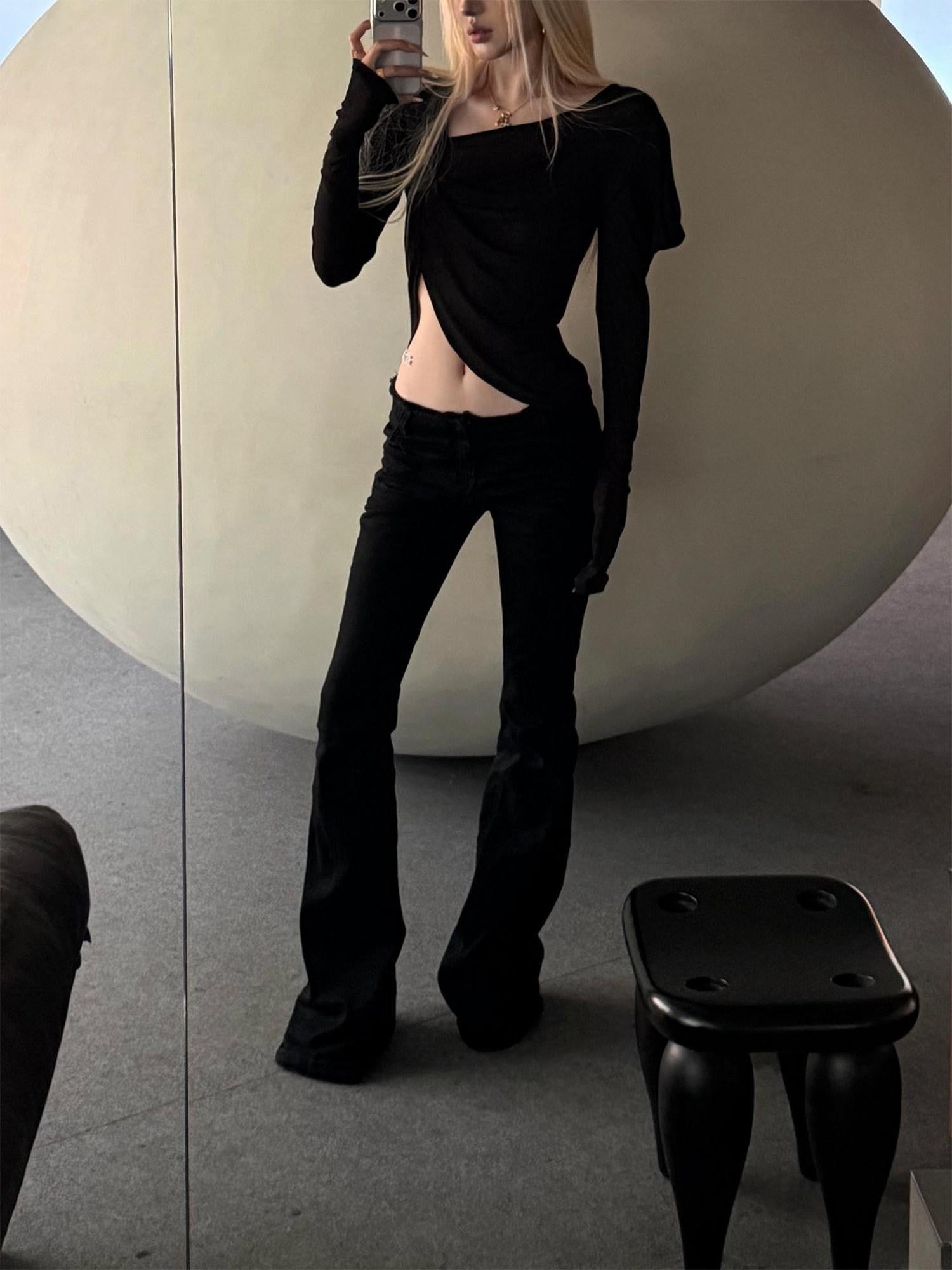 Rase le sol Irregular Sleeve Asymmetrical Slim Cropped Women's Long Sleeve T-shirts
