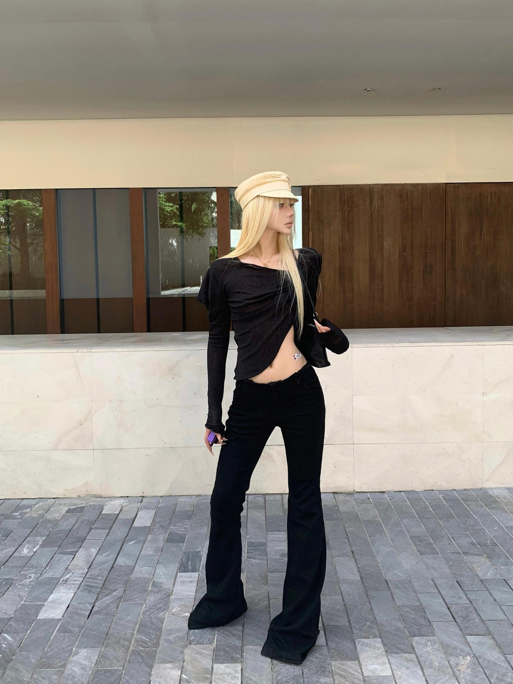 Rase le sol Irregular Sleeve Asymmetrical Slim Cropped Women's Long Sleeve T-shirts