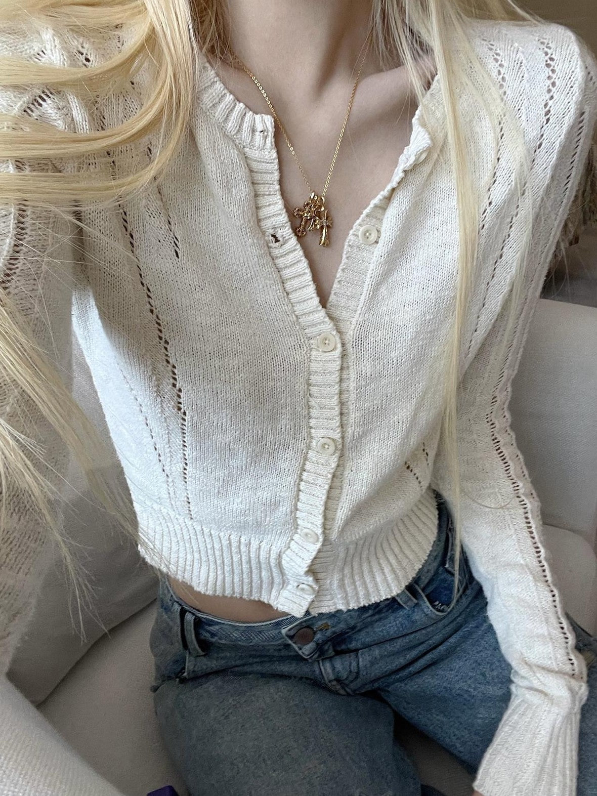 Rase le sol Ivory Openwork Cropped Open Front Short Women's Sweater Knit Cardigans