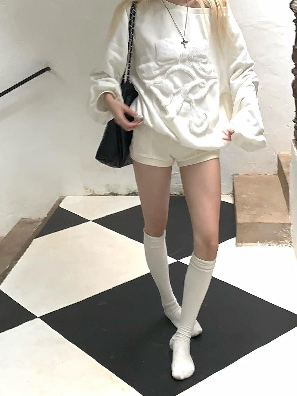 Rase le sol Ivory Textured 3d Cable Vintage Preppy Women's Knit Hot Pants