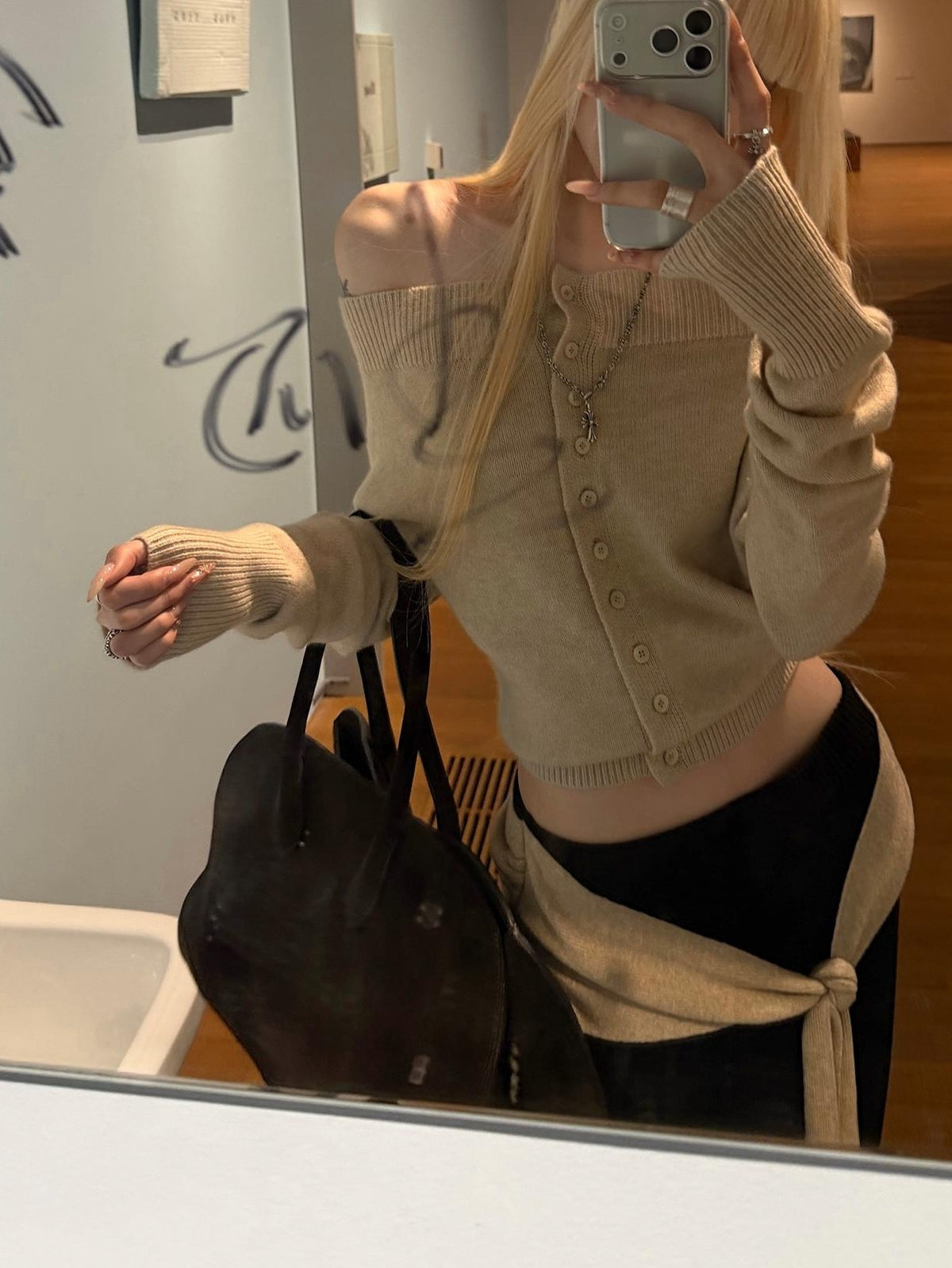 Rase le sol Khaki Off Shoulder Long Sleeve Soft Knit Cardigan Women's Sweaters