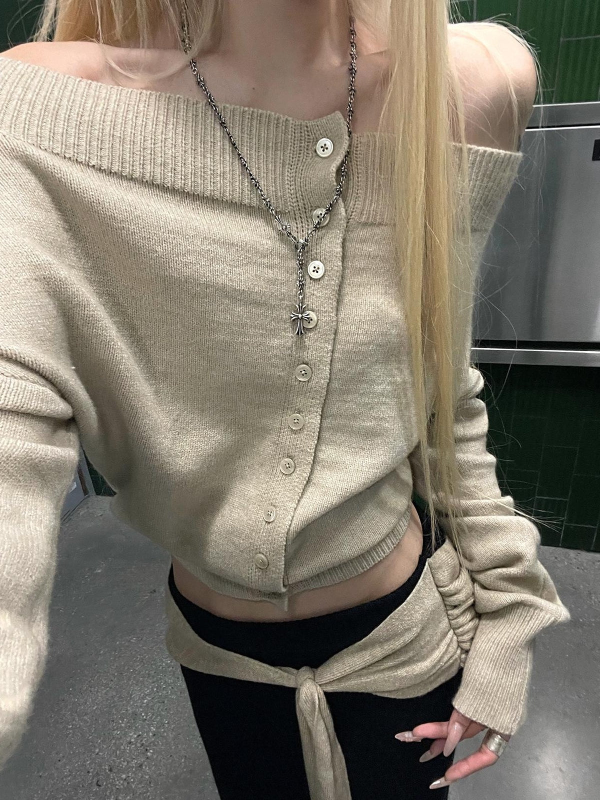 Rase le sol Khaki Off Shoulder Long Sleeve Soft Knit Cardigan Women's Sweaters