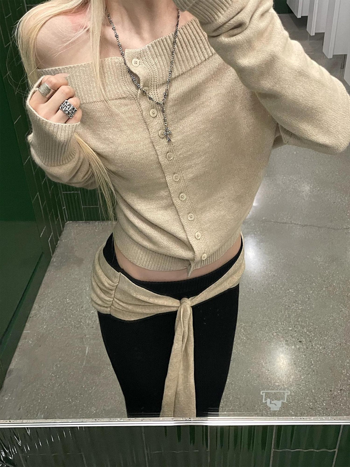 Rase le sol Khaki Off Shoulder Long Sleeve Soft Knit Cardigan Women's Sweaters