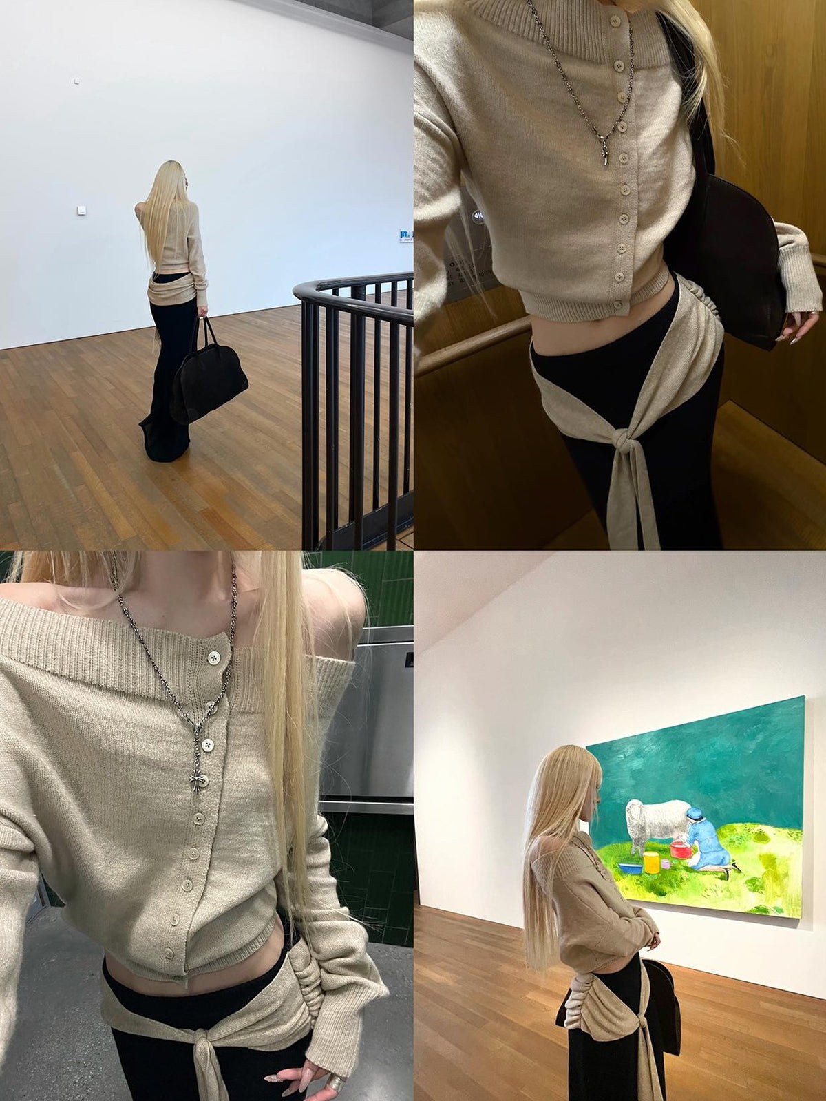 Rase le sol Khaki Off Shoulder Long Sleeve Soft Knit Cardigan Women's Sweaters