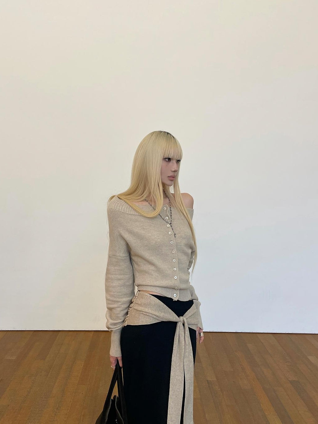 Rase le sol Khaki Off Shoulder Long Sleeve Soft Knit Cardigan Women's Sweaters