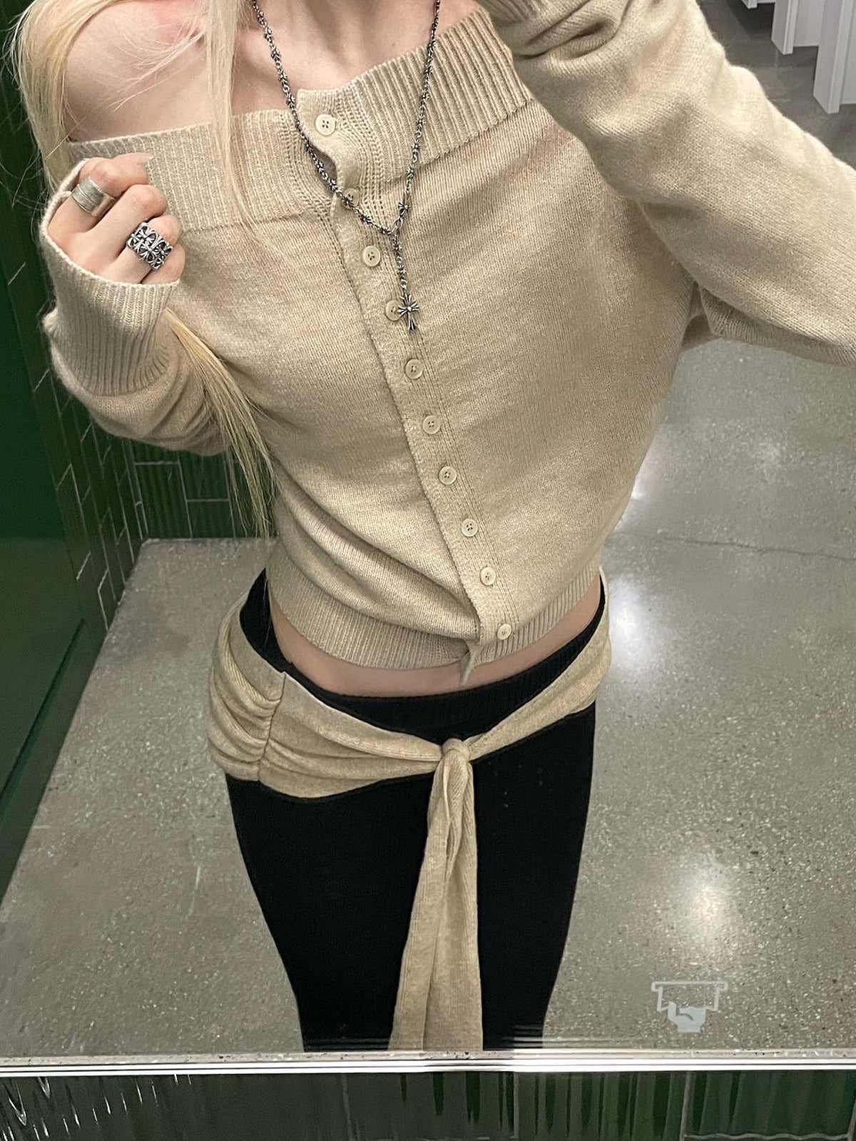 Rase le sol Khaki Off Shoulder Long Sleeve Soft Knit Cardigan Women's Sweaters