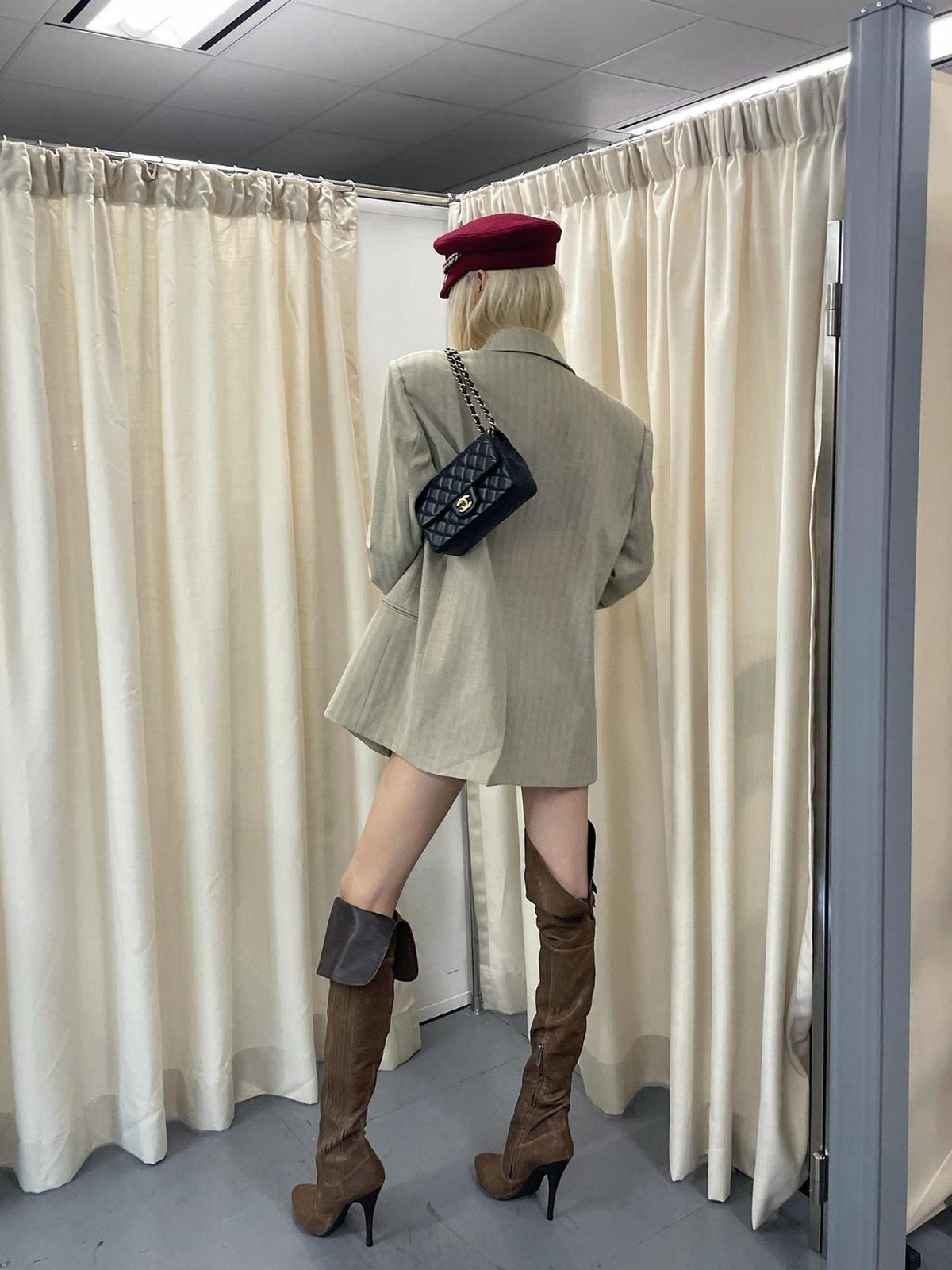 Rase le sol Khaki Peak Lapel Double Breasted Loose Padded Shoulder Spliced Women's Polyester Blazers