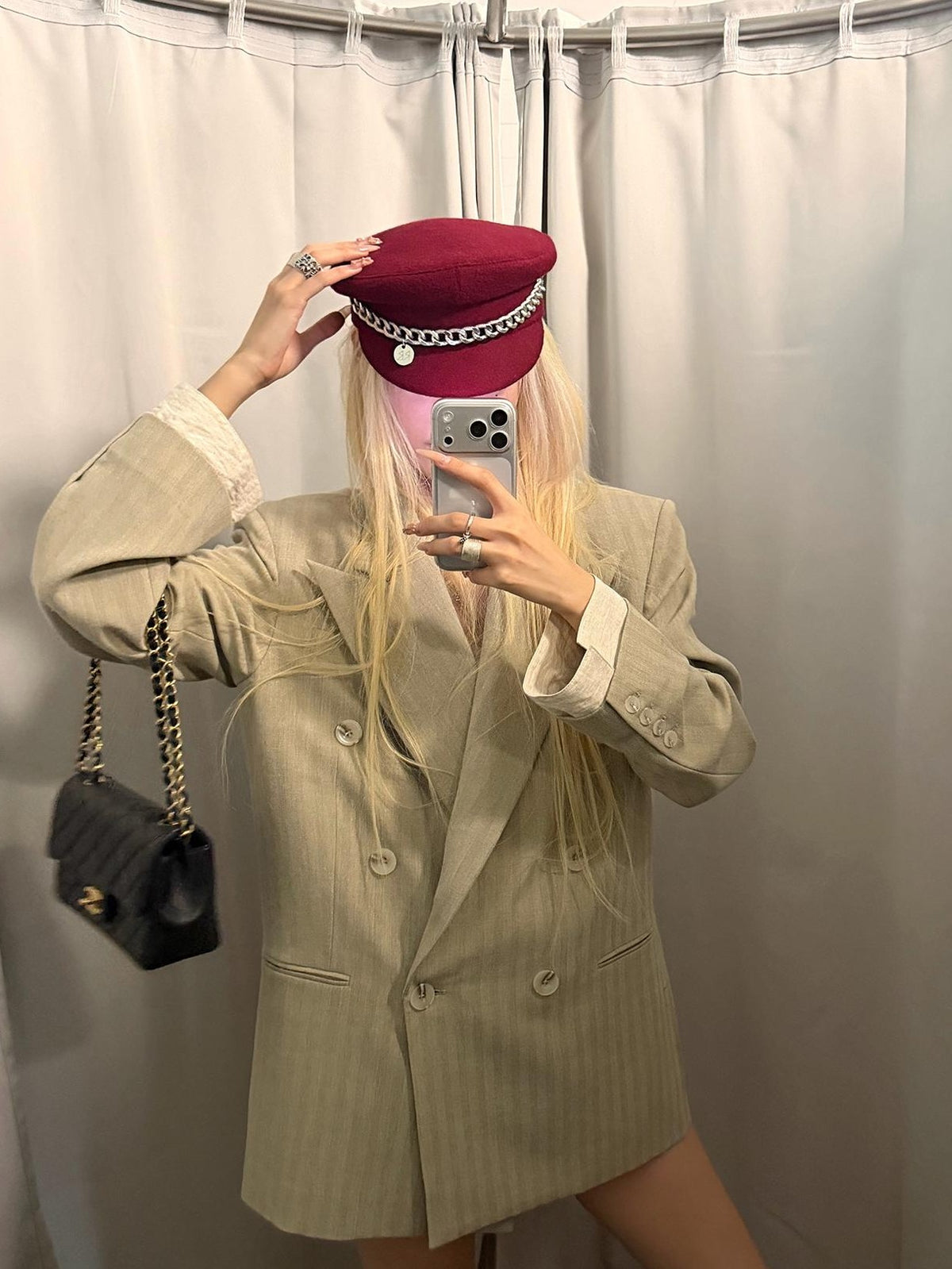 Rase le sol Khaki Peak Lapel Double Breasted Loose Padded Shoulder Spliced Women's Polyester Blazers