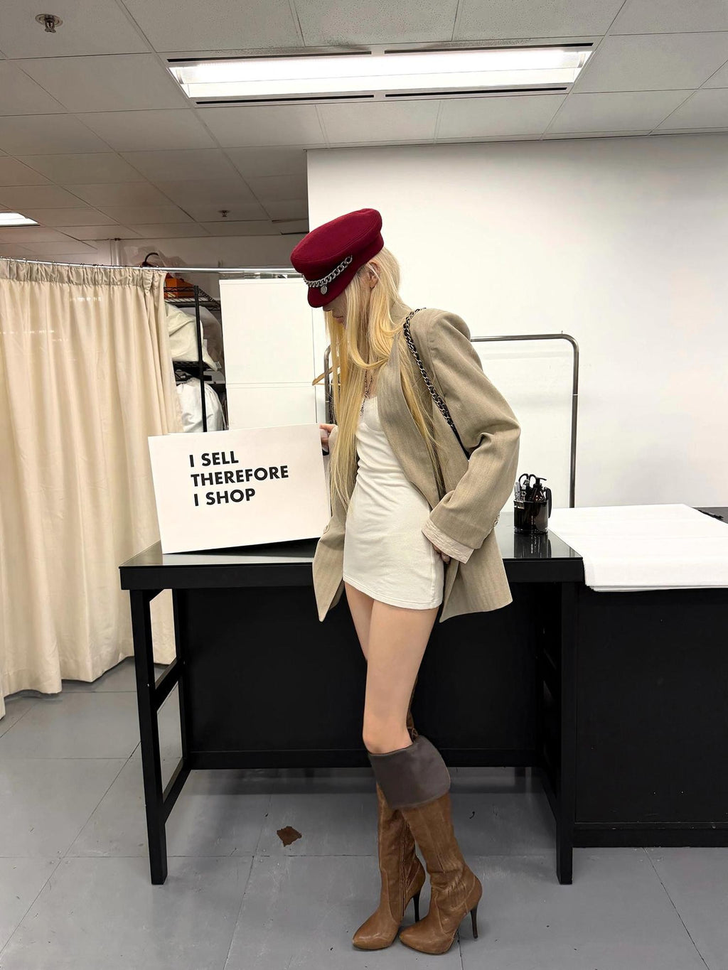 Rase le sol Khaki Peak Lapel Double Breasted Loose Padded Shoulder Spliced Women's Polyester Blazers