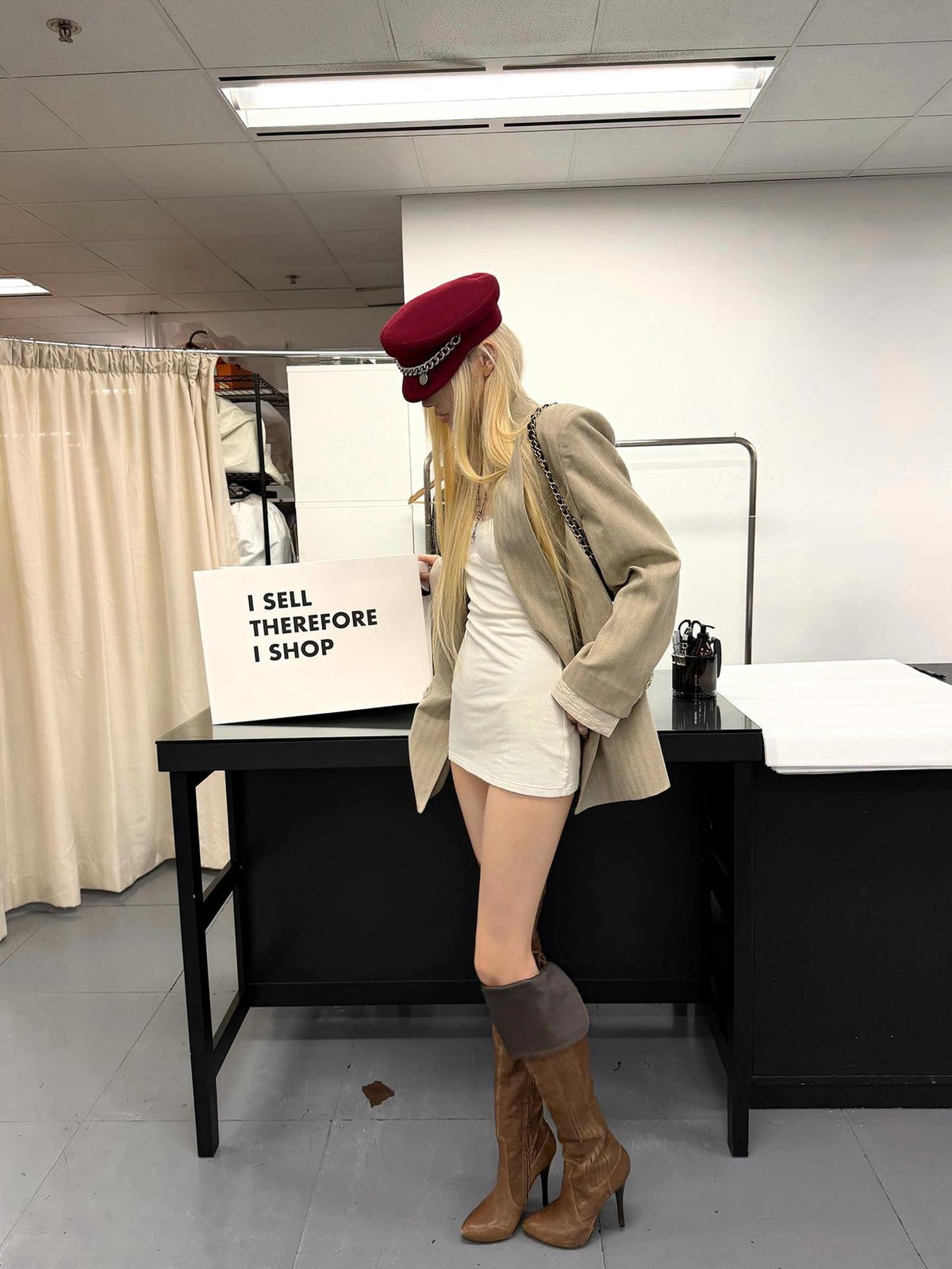 Rase le sol Khaki Peak Lapel Double Breasted Loose Padded Shoulder Spliced Women's Polyester Blazers