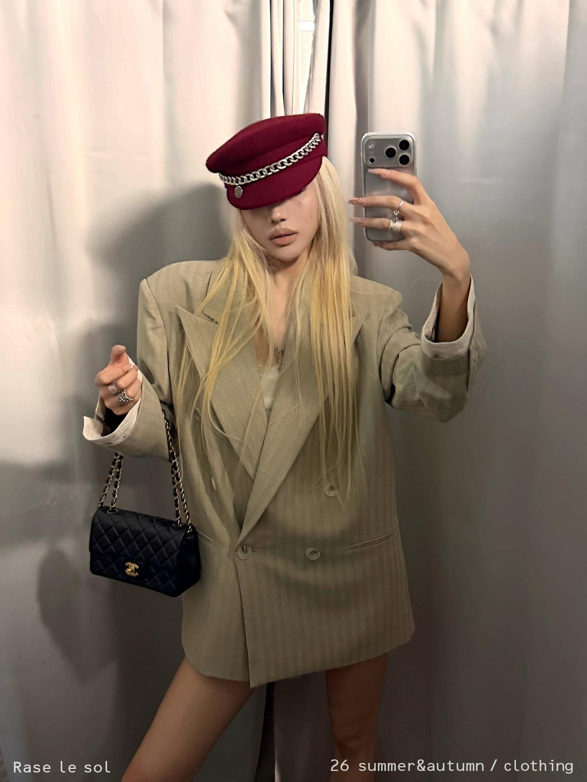 Rase le sol Khaki Peak Lapel Double Breasted Loose Padded Shoulder Spliced Women's Polyester Blazers