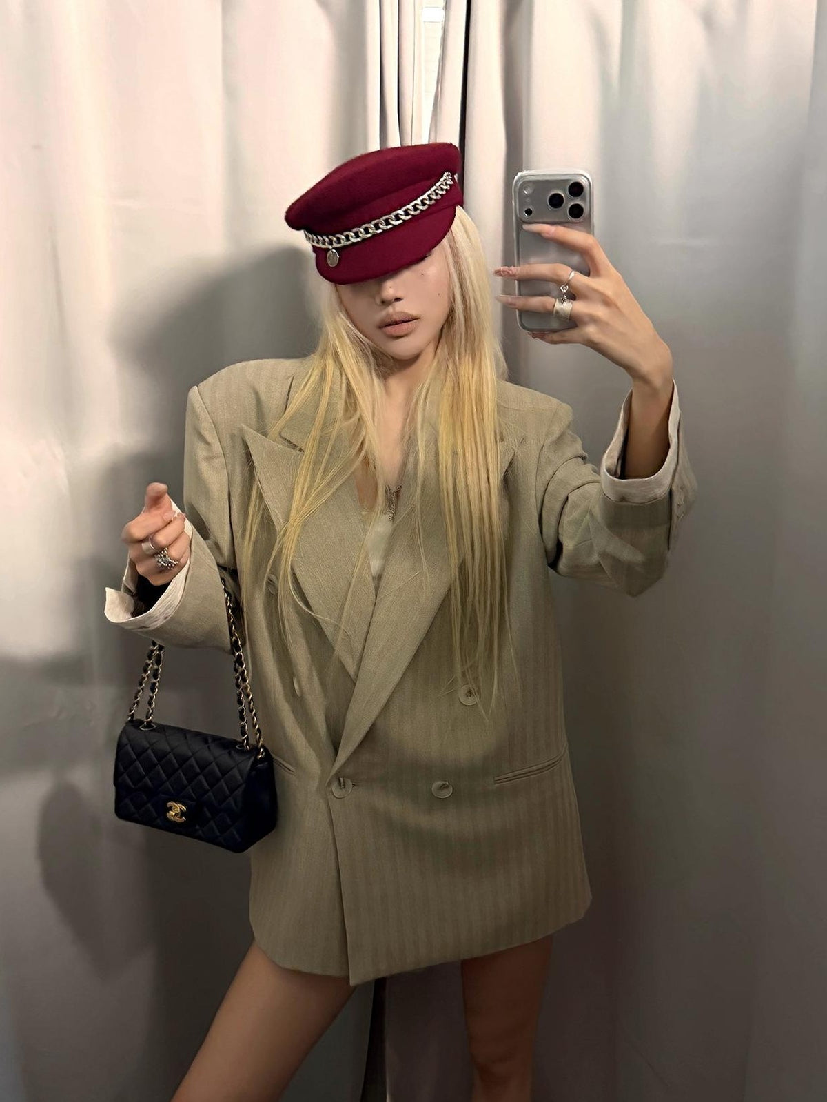 Rase le sol Khaki Peak Lapel Double Breasted Loose Padded Shoulder Spliced Women's Polyester Blazers