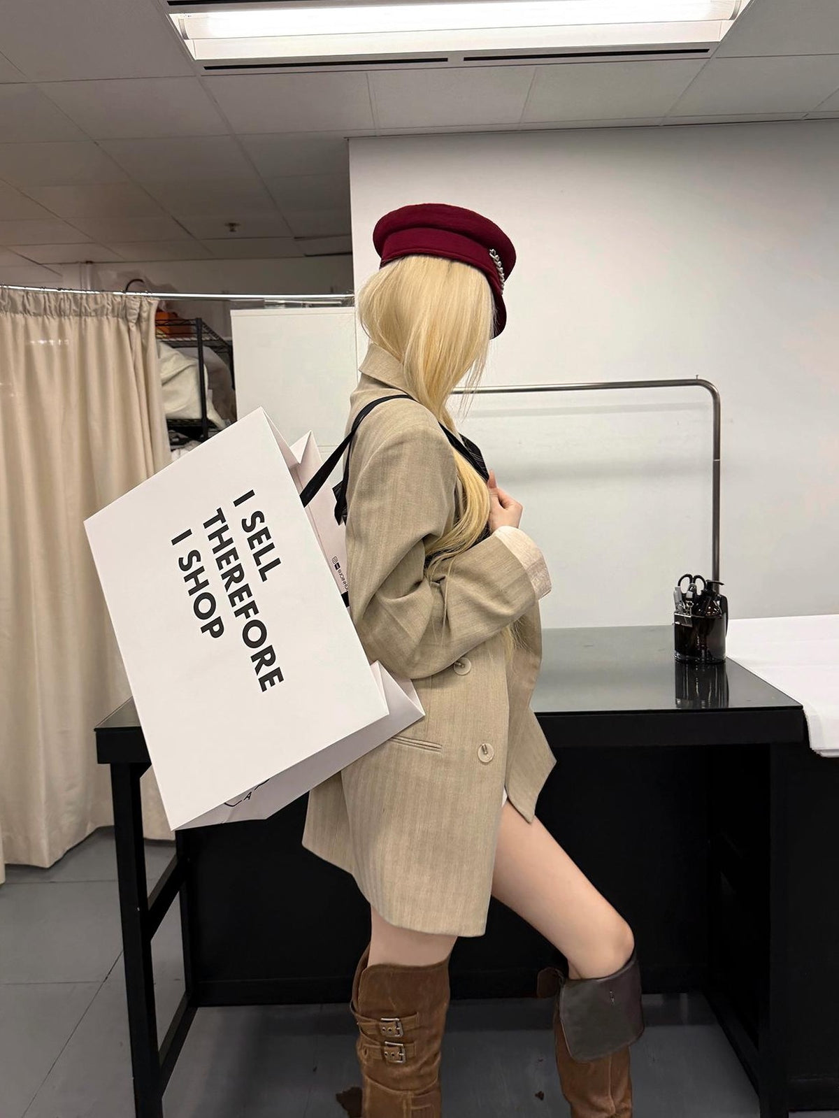 Rase le sol Khaki Peak Lapel Double Breasted Loose Padded Shoulder Spliced Women's Polyester Blazers
