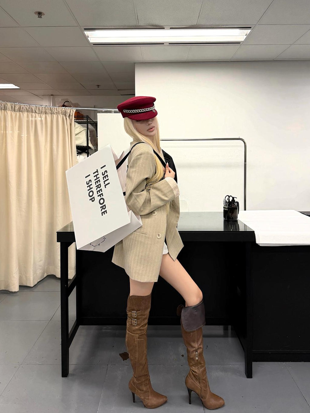 Rase le sol Khaki Peak Lapel Double Breasted Loose Padded Shoulder Spliced Women's Polyester Blazers