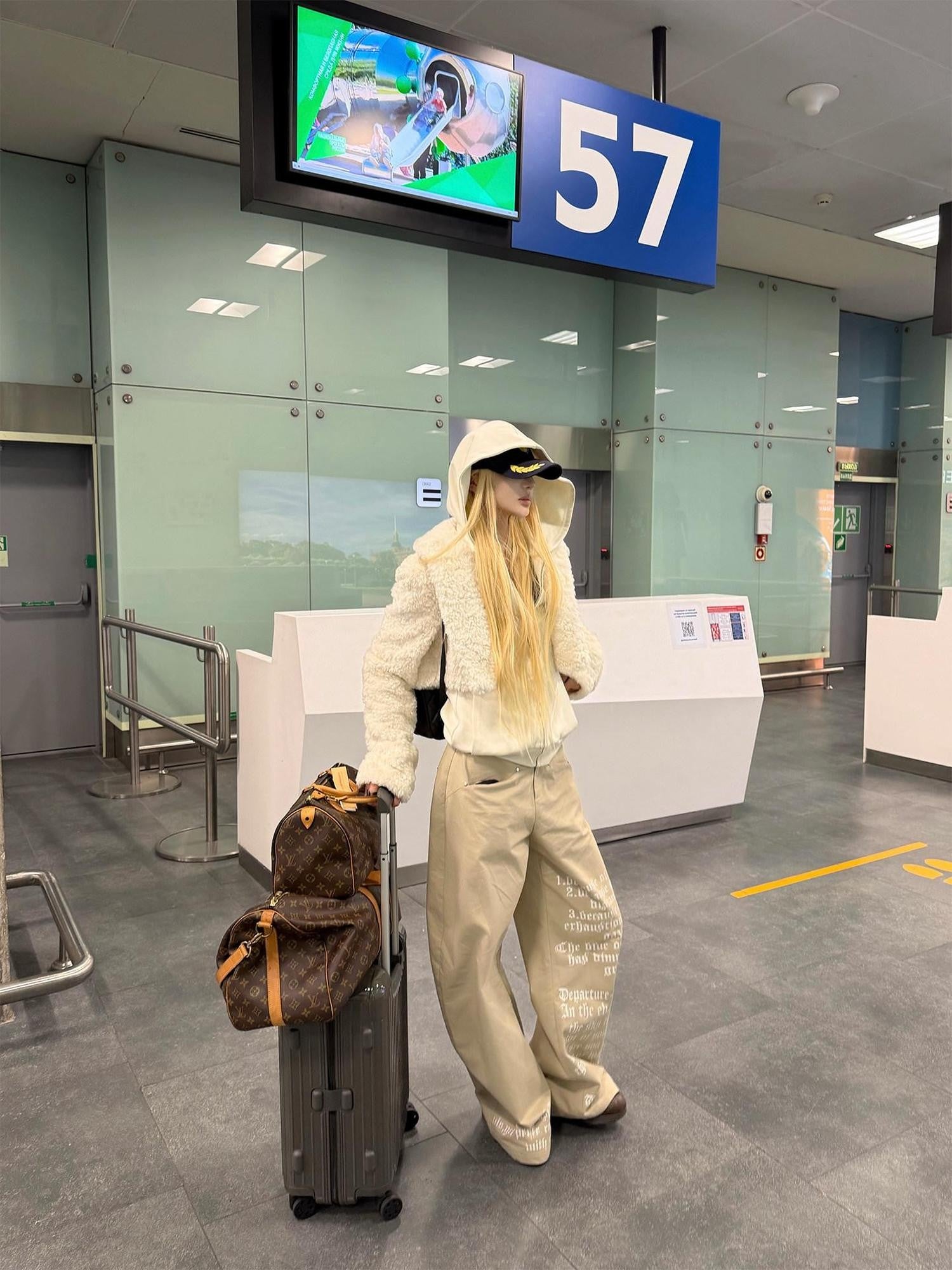 Rase le sol Khaki Printed Relaxed Straight Women's Fleece Lined Wide-leg Pants