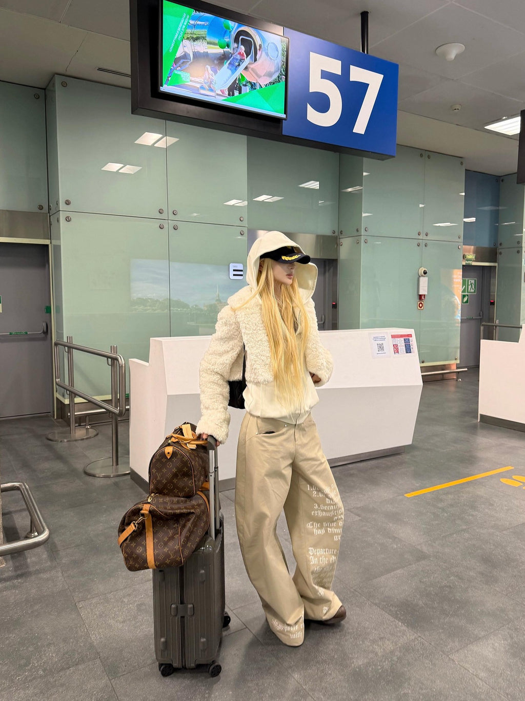 Rase le sol Khaki Printed Relaxed Straight Women's Fleece Lined Wide-leg Pants