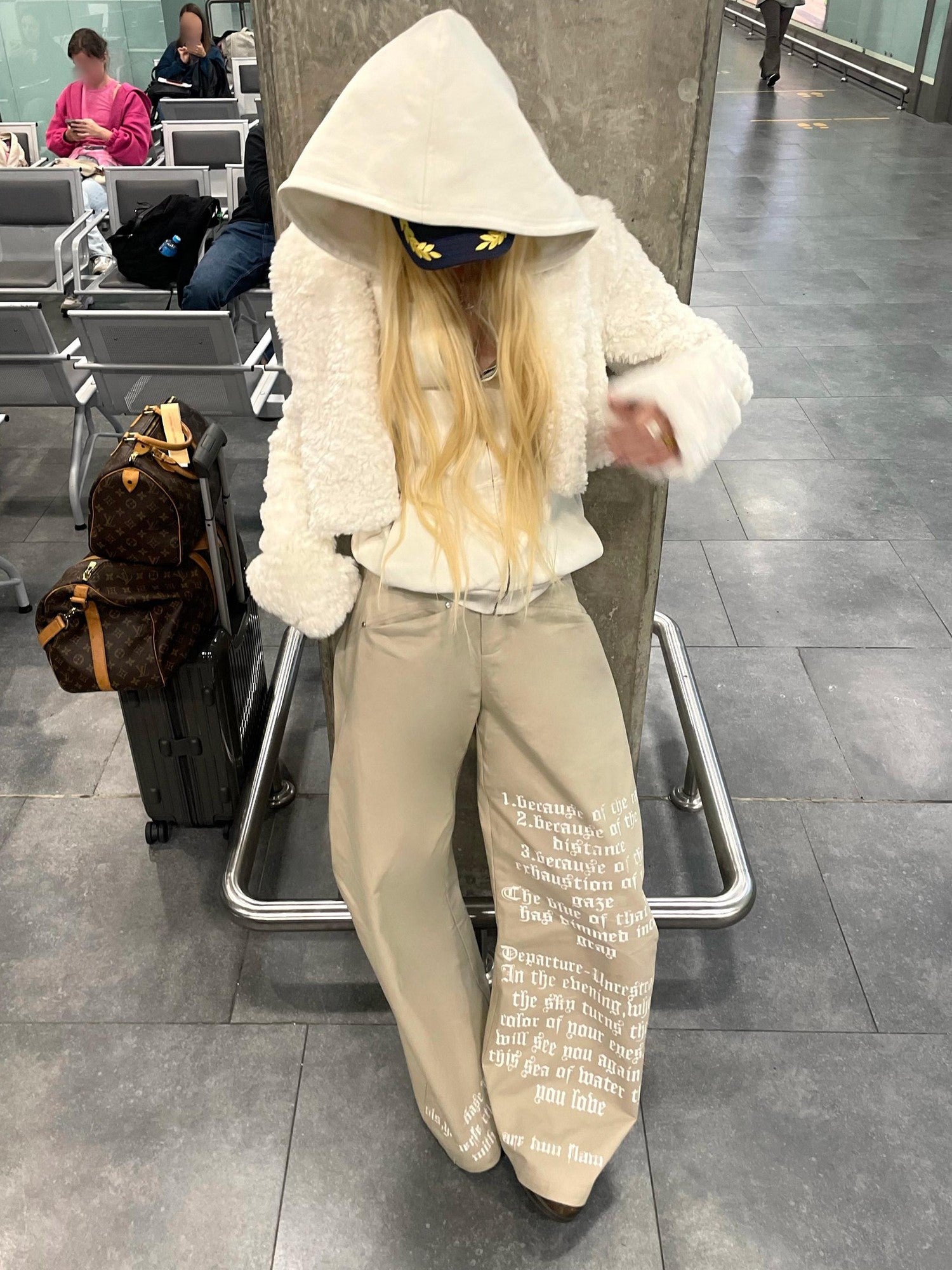 Rase le sol Khaki Printed Relaxed Straight Women's Fleece Lined Wide-leg Pants