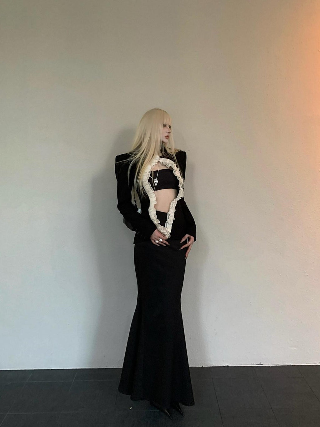 Rase le sol Lace Tailored Blazer Fitted Mermaid Hip Hugging Women's Matching Skirt Sets