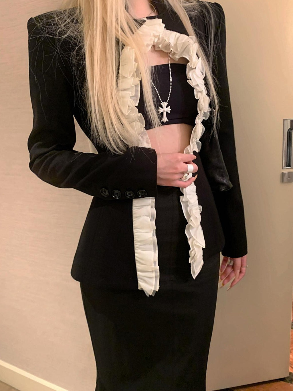 Rase le sol Lace Tailored Blazer Fitted Mermaid Hip Hugging Women's Matching Skirt Sets