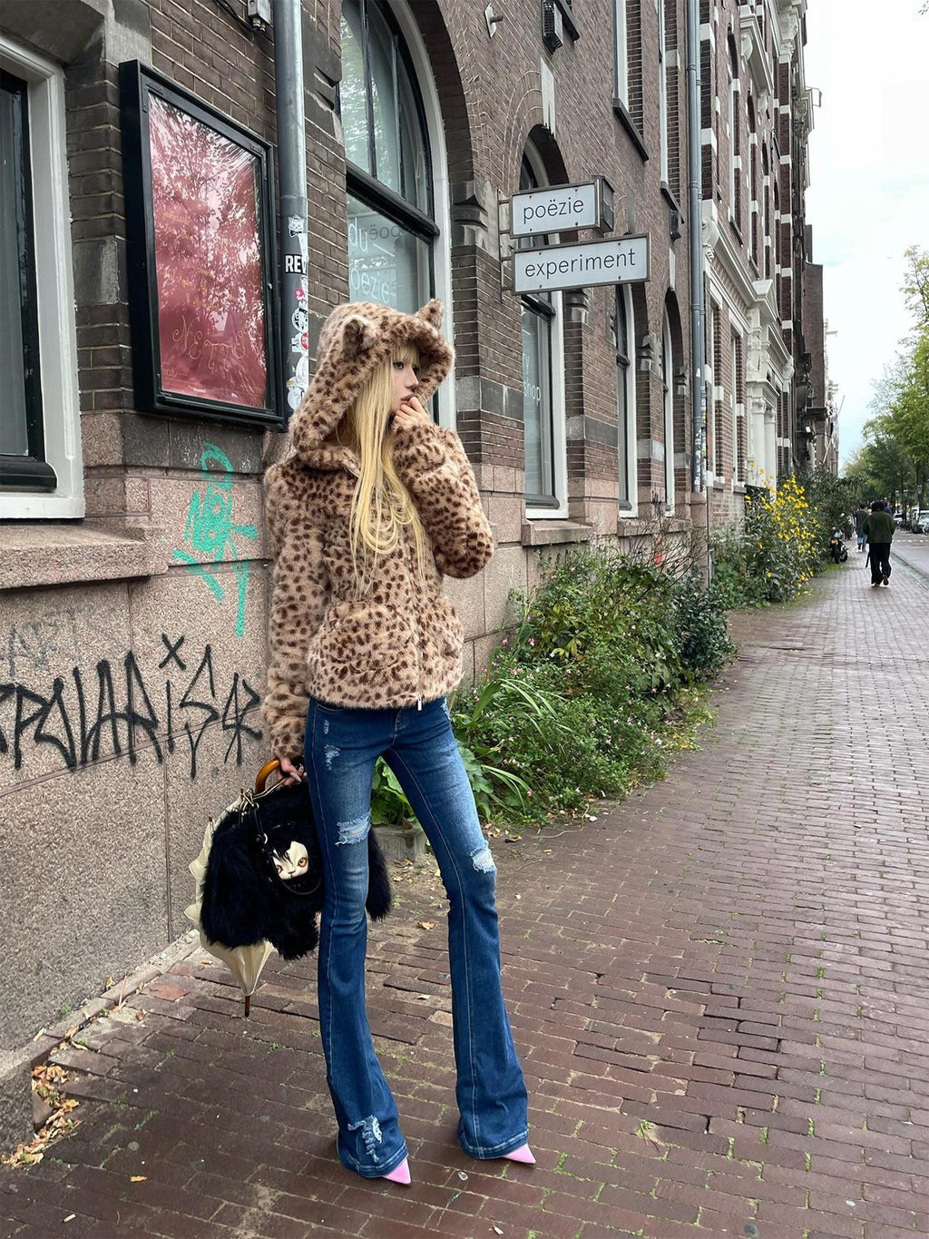 Rase le sol Leopard Bear Print Faux Fur Cinched Waist Women's Polyester Fleece Jackets