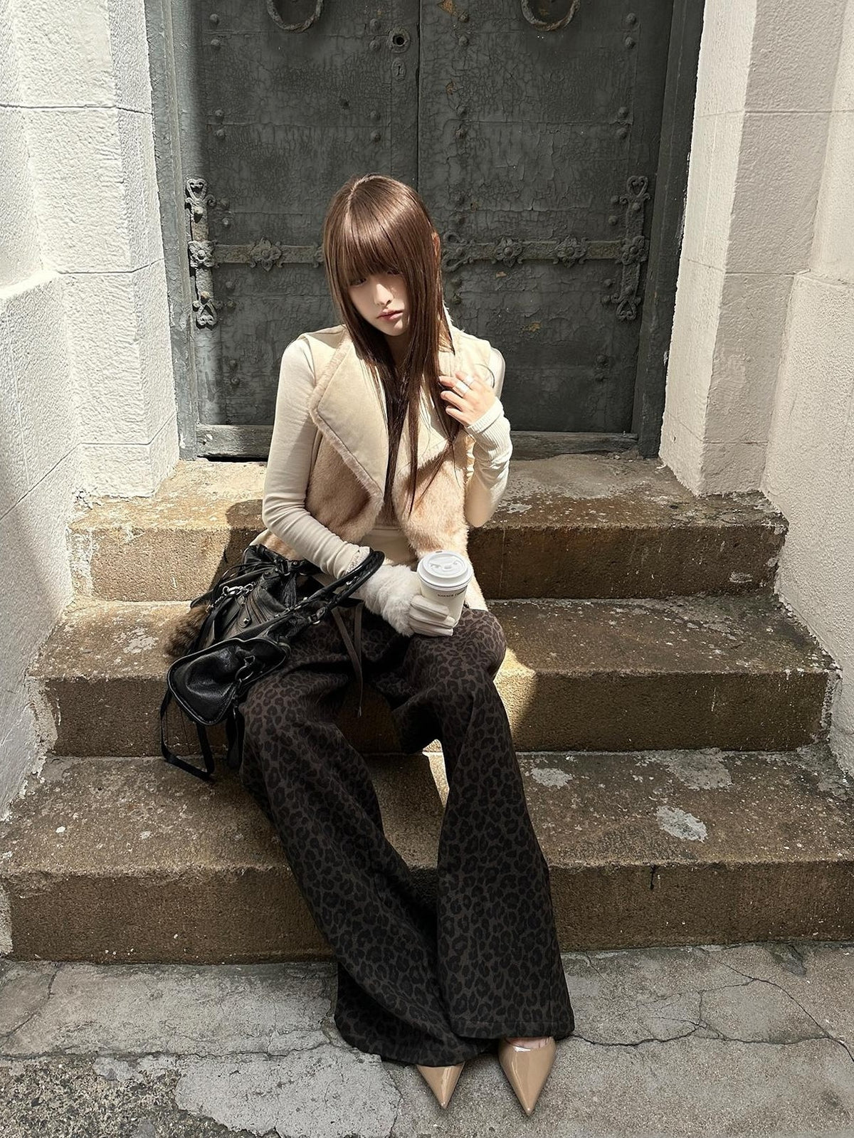 Rase le sol Leopard Print Knit Low Rise Women's Polyester Straight-leg Pants