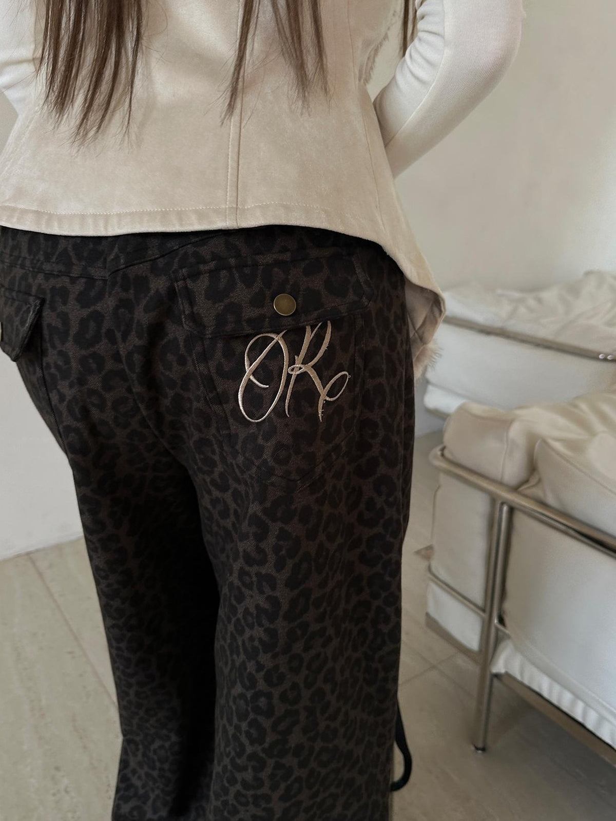 Rase le sol Leopard Print Knit Low Rise Women's Polyester Straight-leg Pants