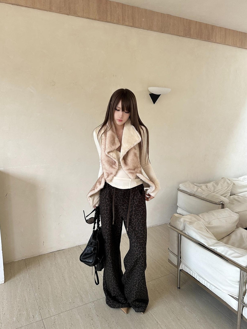 Rase le sol Leopard Print Knit Low Rise Women's Polyester Straight-leg Pants
