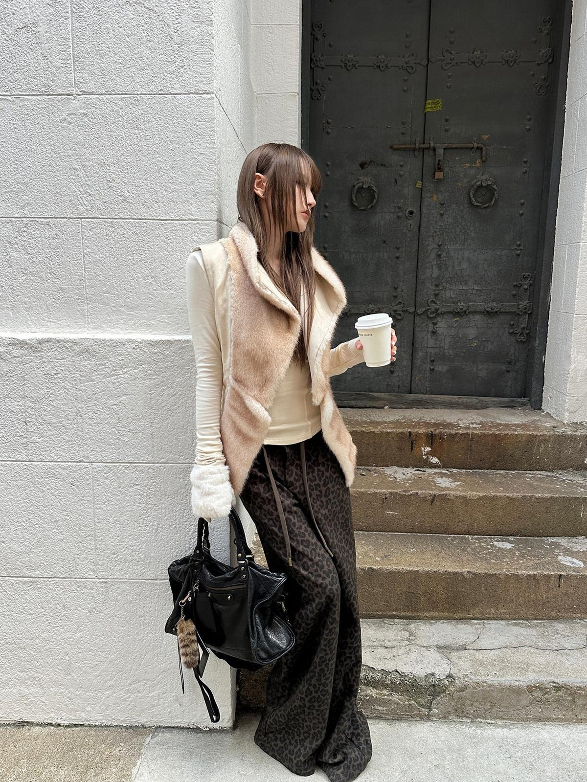 Rase le sol Leopard Print Knit Low Rise Women's Polyester Straight-leg Pants