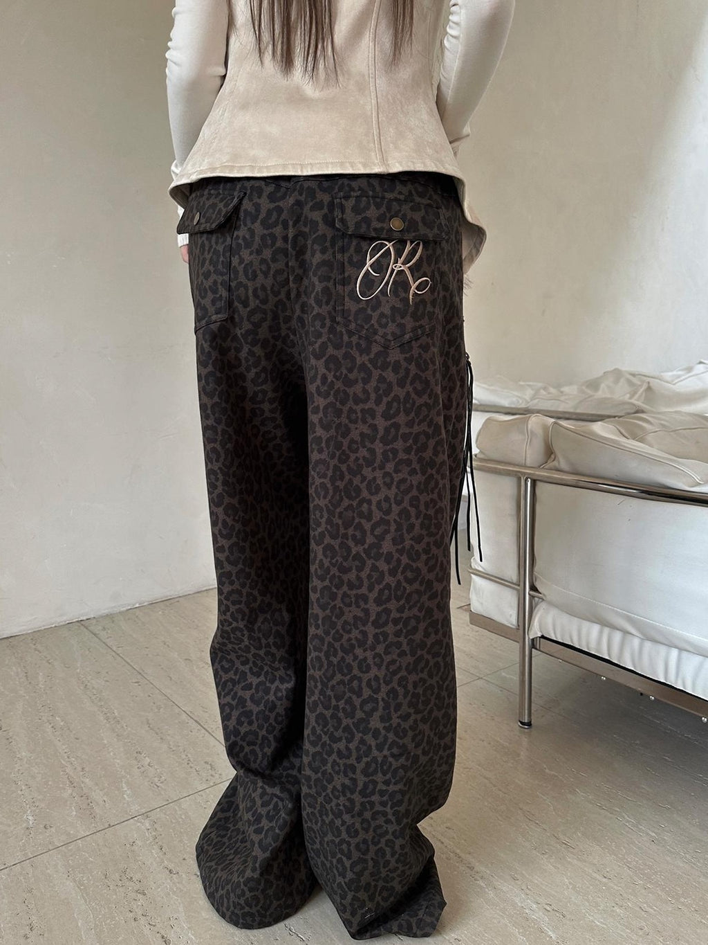 Rase le sol Leopard Print Knit Low Rise Women's Polyester Straight-leg Pants