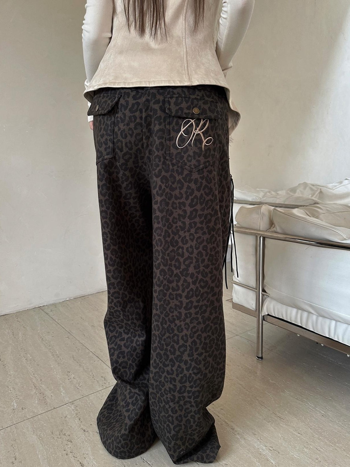 Rase le sol Leopard Print Knit Low Rise Women's Polyester Straight-leg Pants