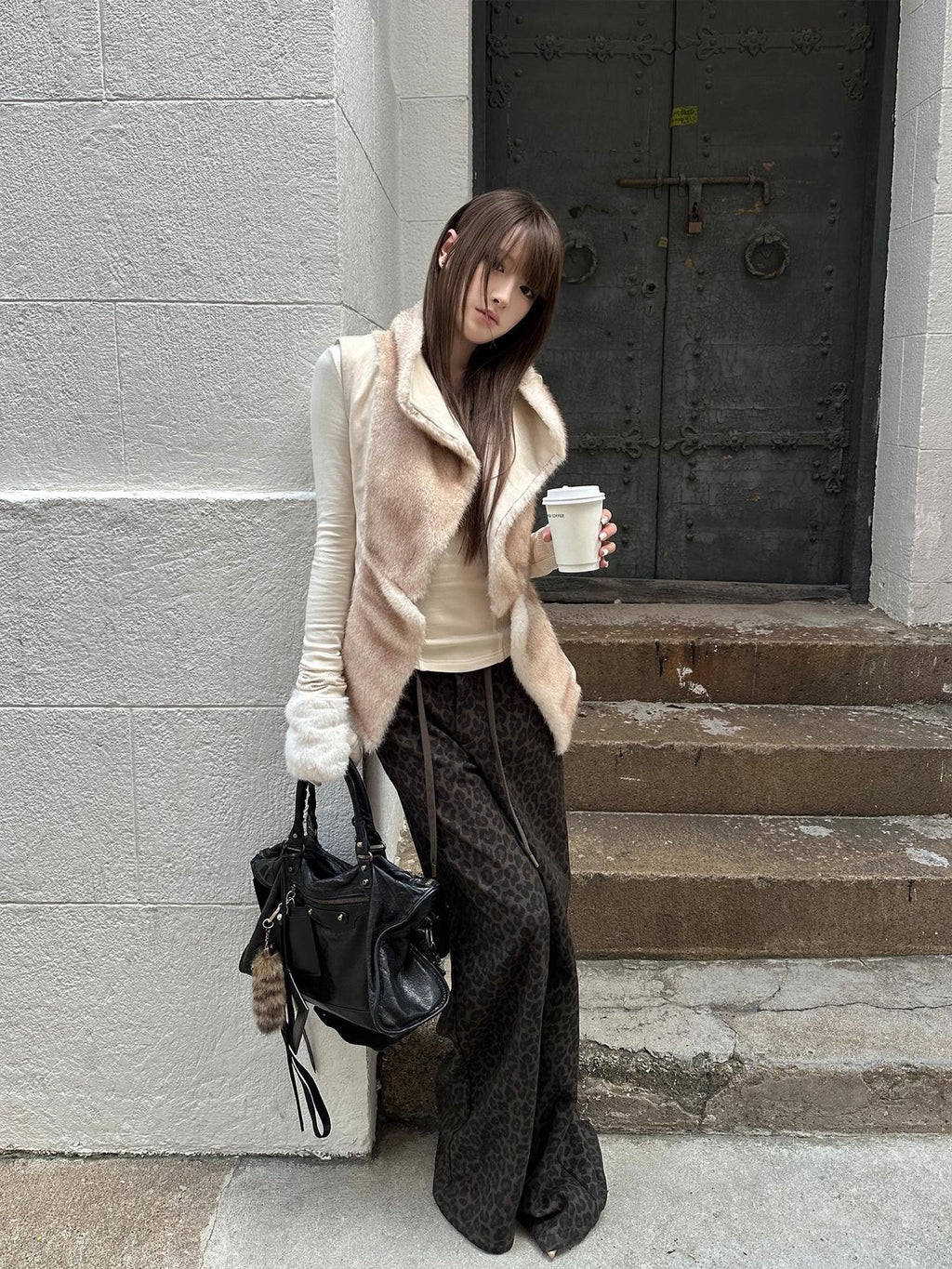 Rase le sol Leopard Print Knit Low Rise Women's Polyester Straight-leg Pants