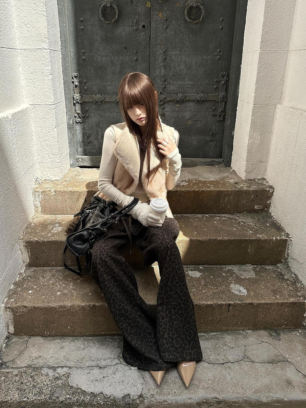 Rase le sol Leopard Print Knit Low Rise Women's Polyester Straight-leg Pants