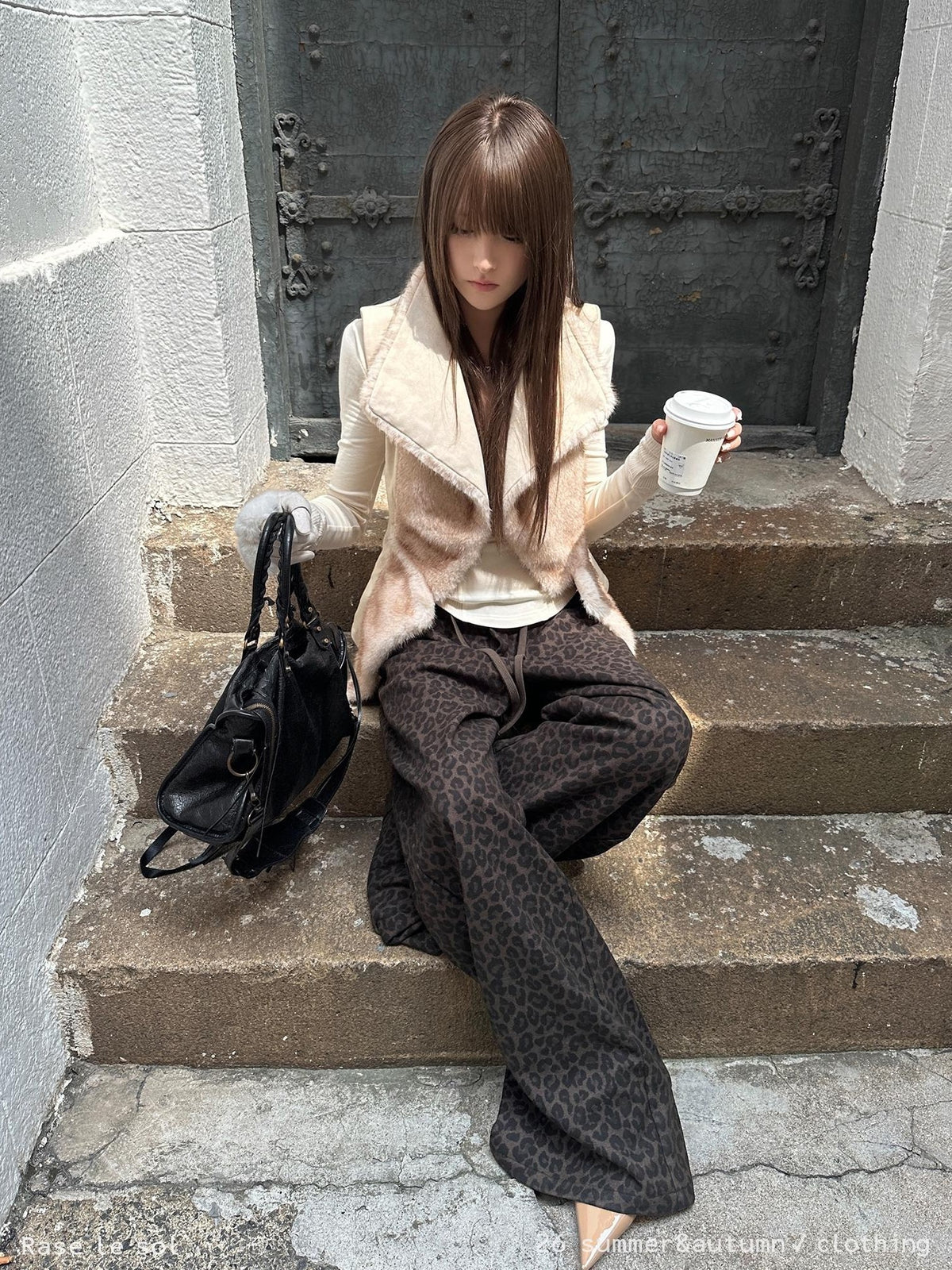 Rase le sol Leopard Print Knit Low Rise Women's Polyester Straight-leg Pants