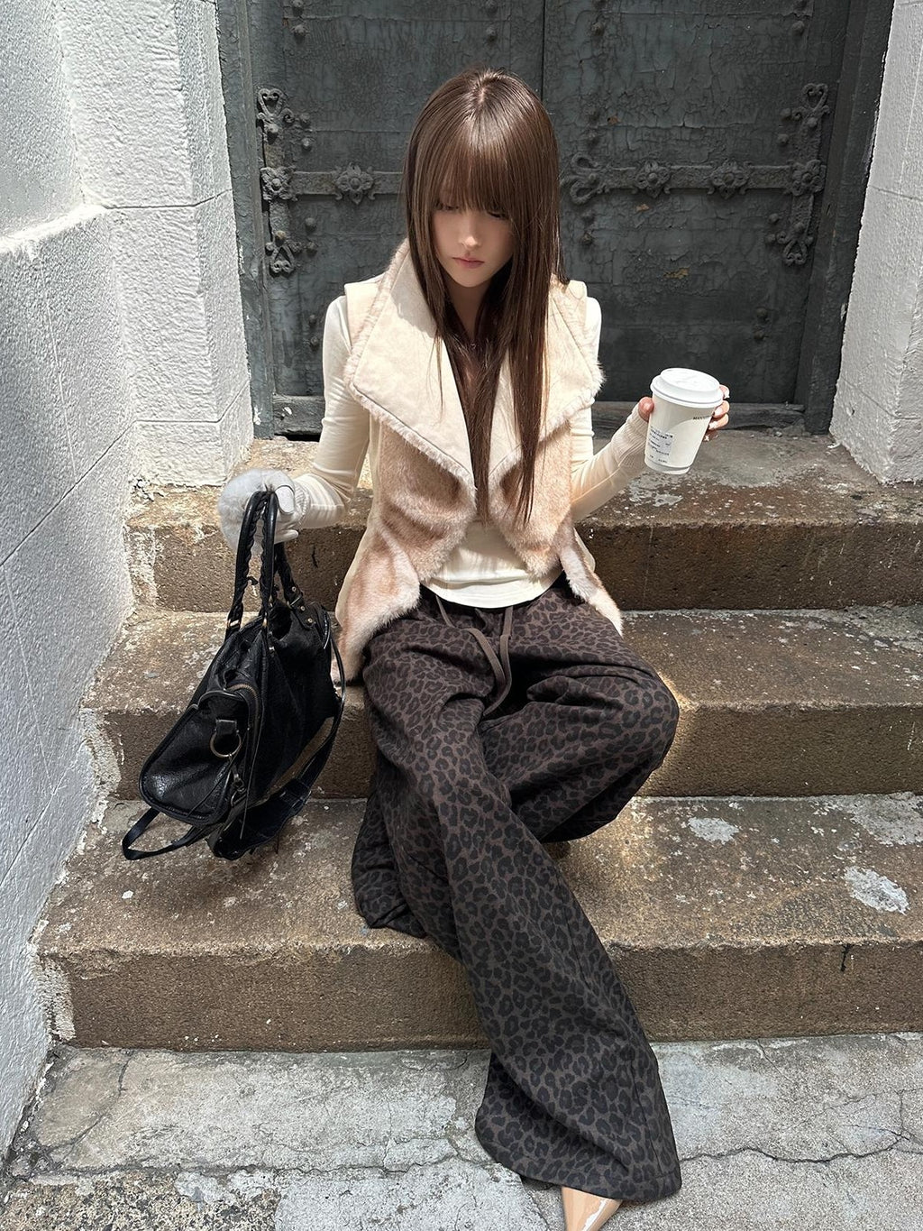 Rase le sol Leopard Print Knit Low Rise Women's Polyester Straight-leg Pants