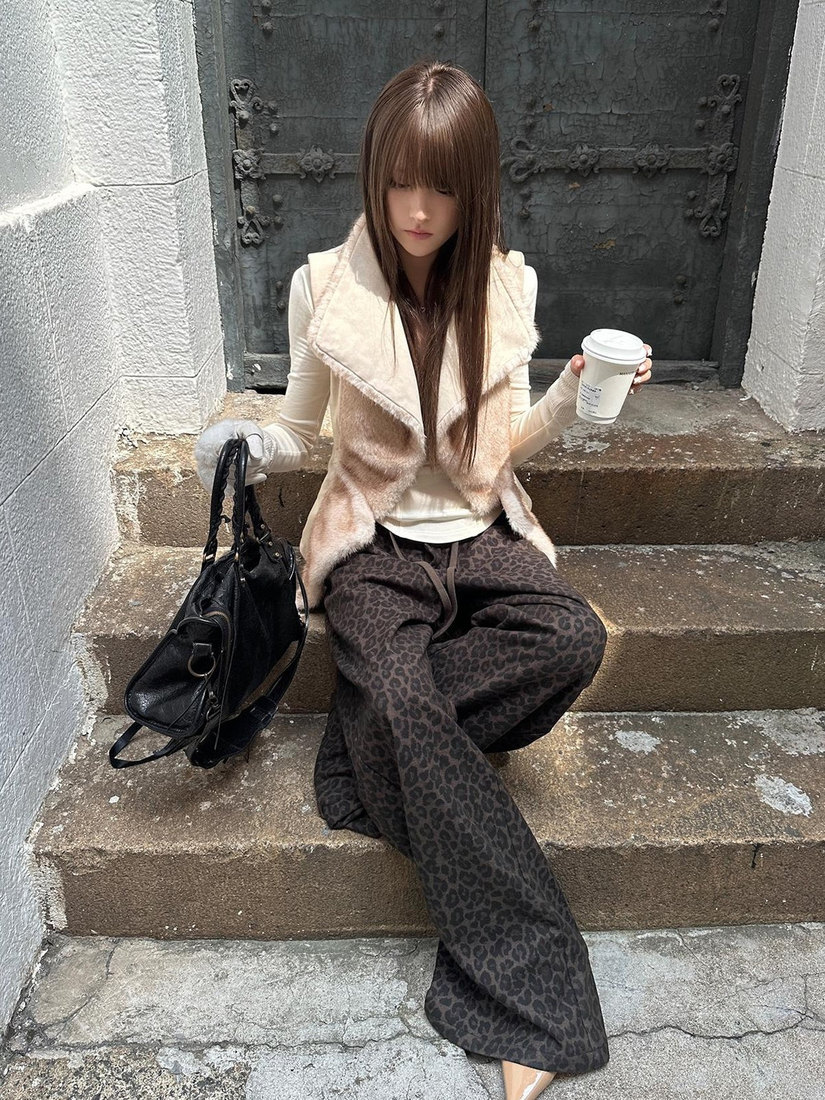 Rase le sol Leopard Print Knit Low Rise Women's Polyester Straight-leg Pants
