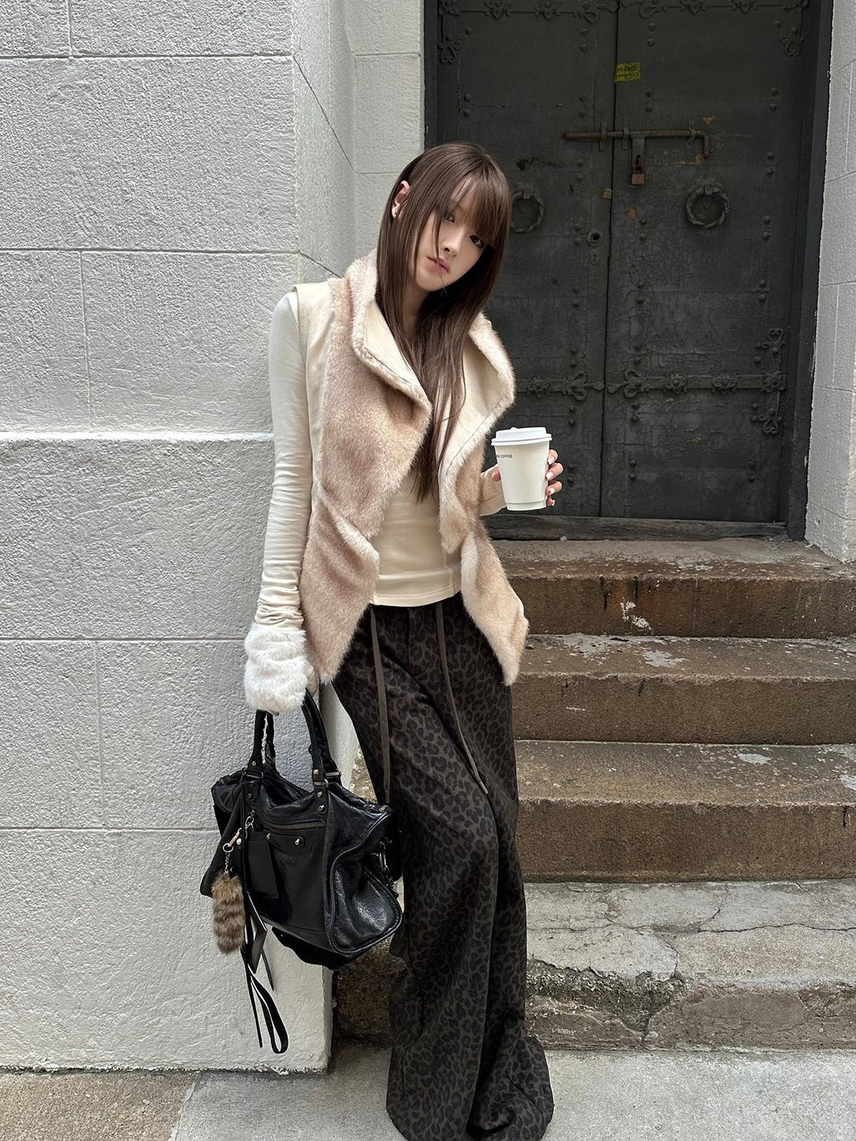 Rase le sol Leopard Print Knit Low Rise Women's Polyester Straight-leg Pants