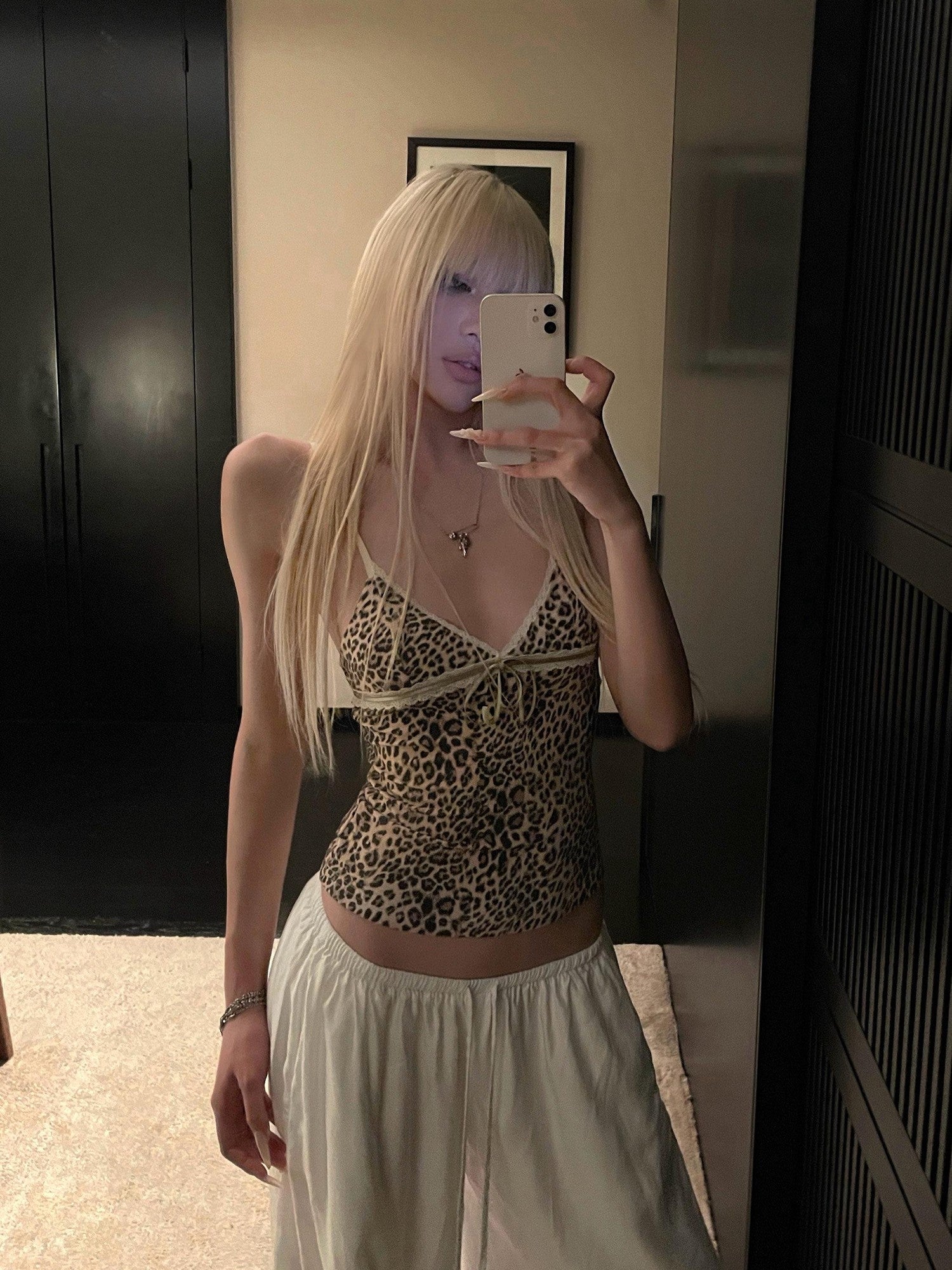 Rase le sol Leopard Print Lace Trim Bow Spaghetti Straps Women's Camisoles