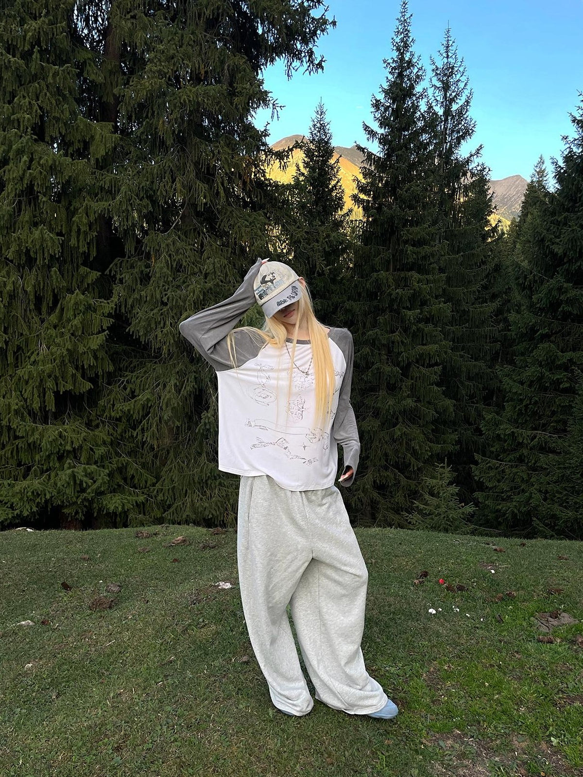 Rase le sol Letter Print Wide Leg Loose Fit Cotton Women's Sweatpants