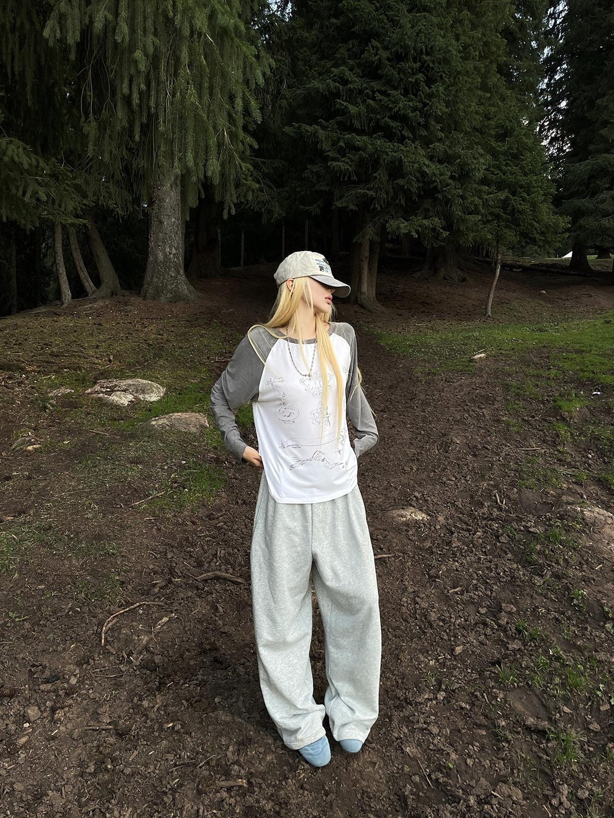 Rase le sol Letter Print Wide Leg Loose Fit Cotton Women's Sweatpants