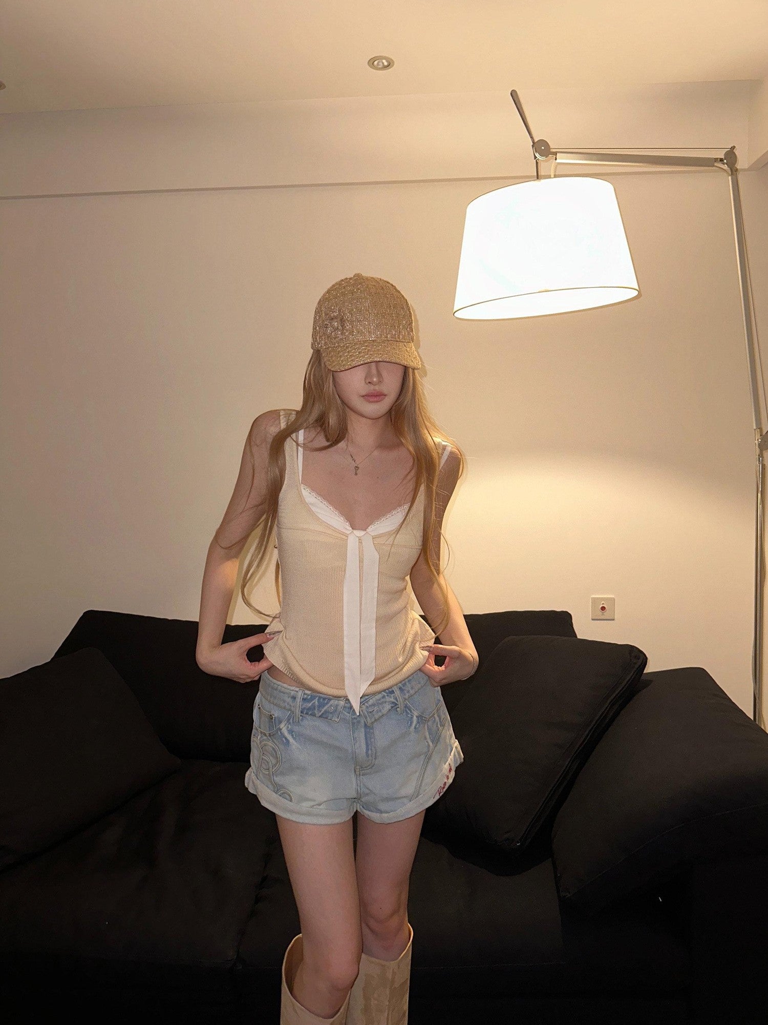 Rase le sol Light Blue Foldover Waist Cuffed A Line Women's Denim Shorts