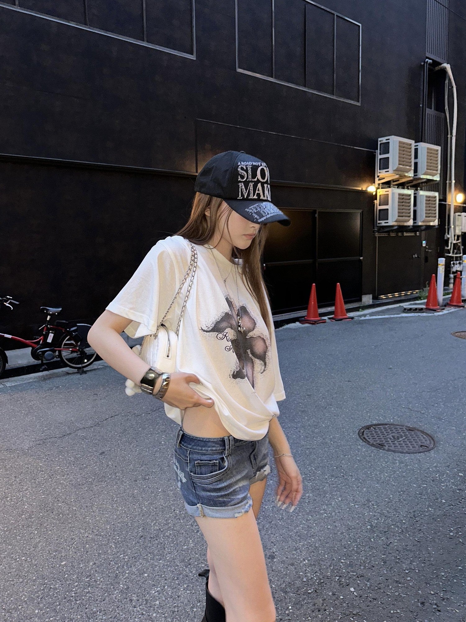 Rase le sol Light Blue Printed Cuffed Cutoff Low Rise Women's Denim Shorts