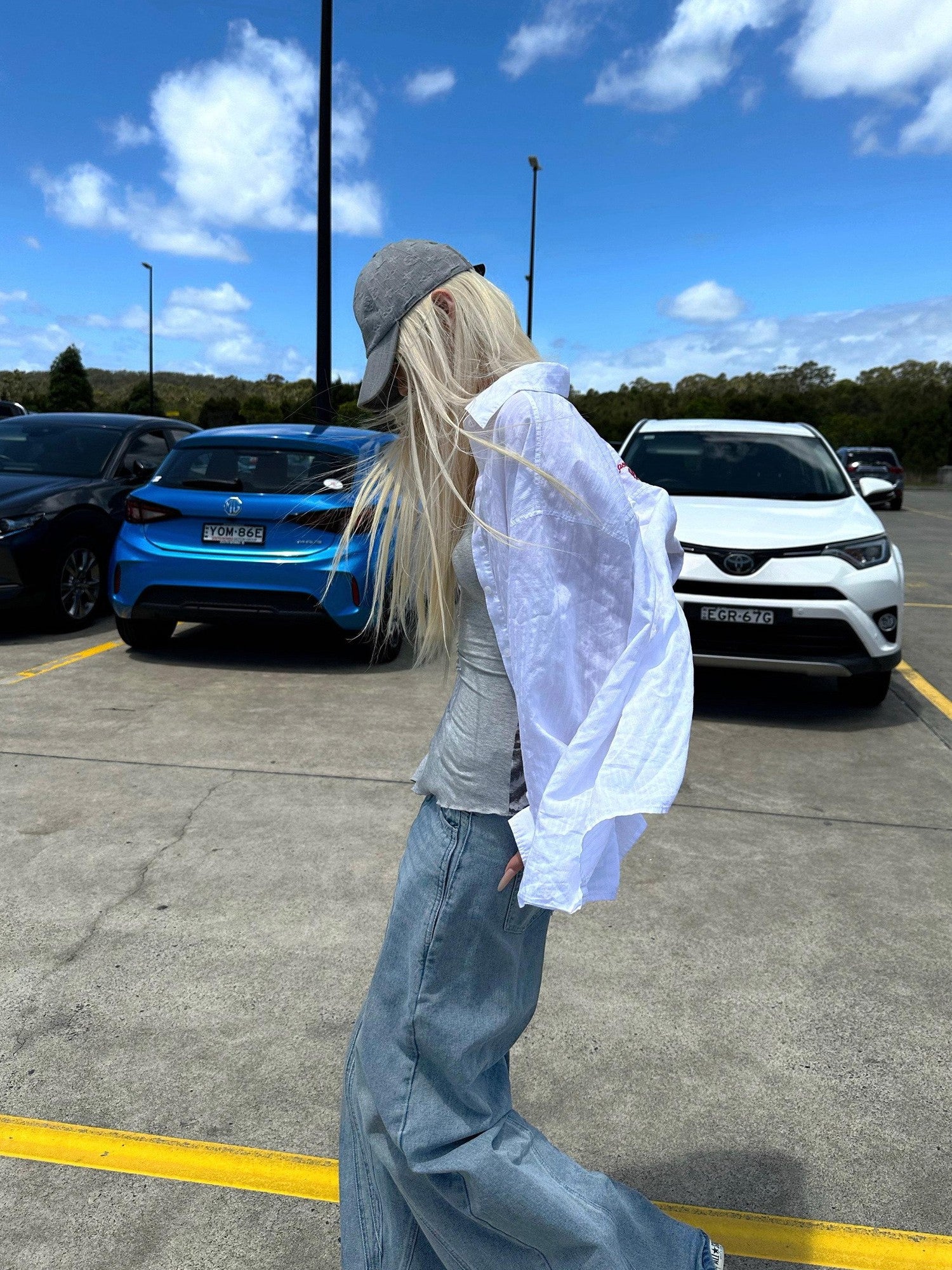 Rase le sol Light Blue Washed Relaxed Straight Women's Denim Wide-leg Jeans