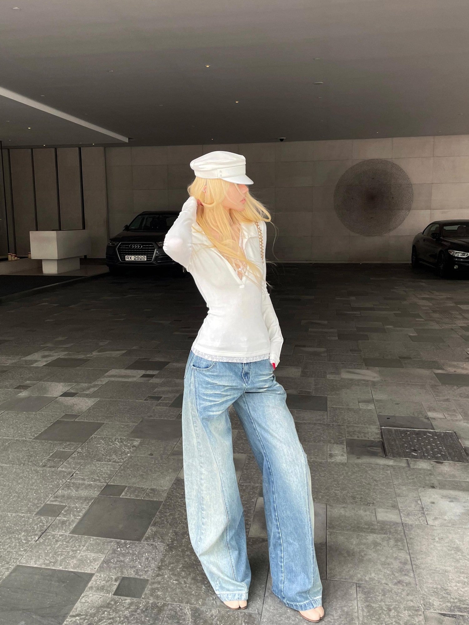 Rase le sol Light Blue Whisker Fade Saber Cut Women's Denim Wide-leg Jeans